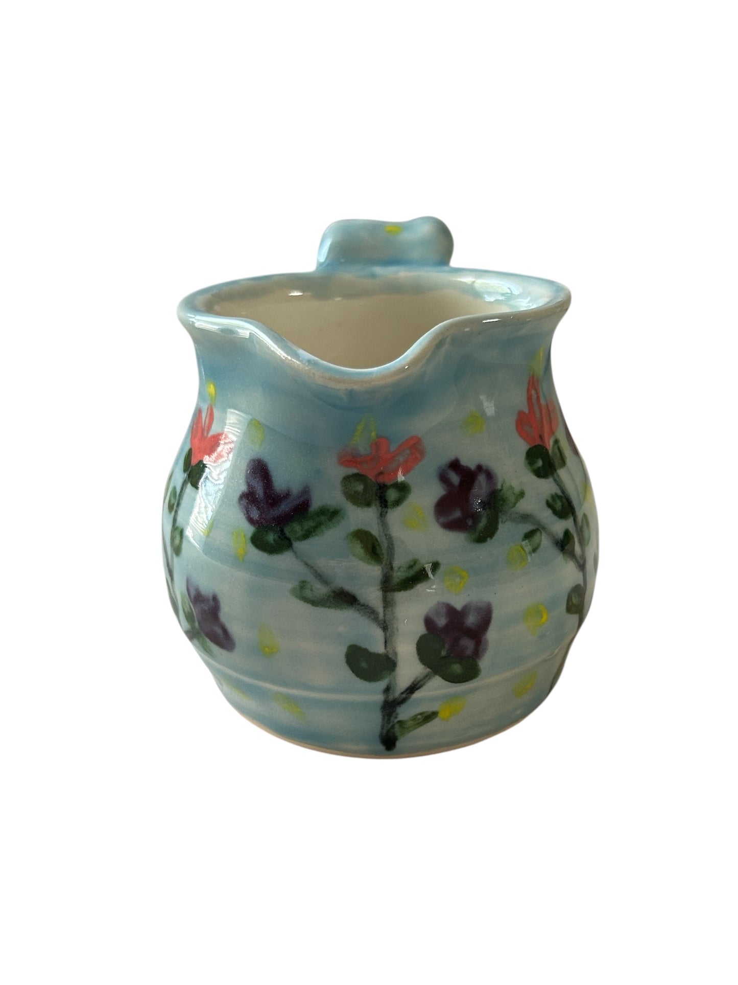 Handpainted Wheel-Thrown Creamer #38 with Stylized Flower Designs in Robin's Egg Blue