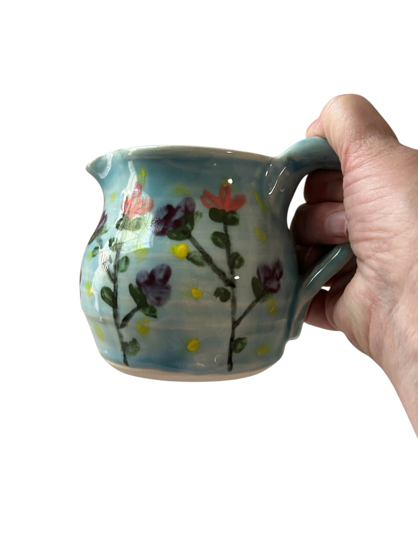Handpainted Wheel-Thrown Creamer #38 with Stylized Flower Designs in Robin's Egg Blue
