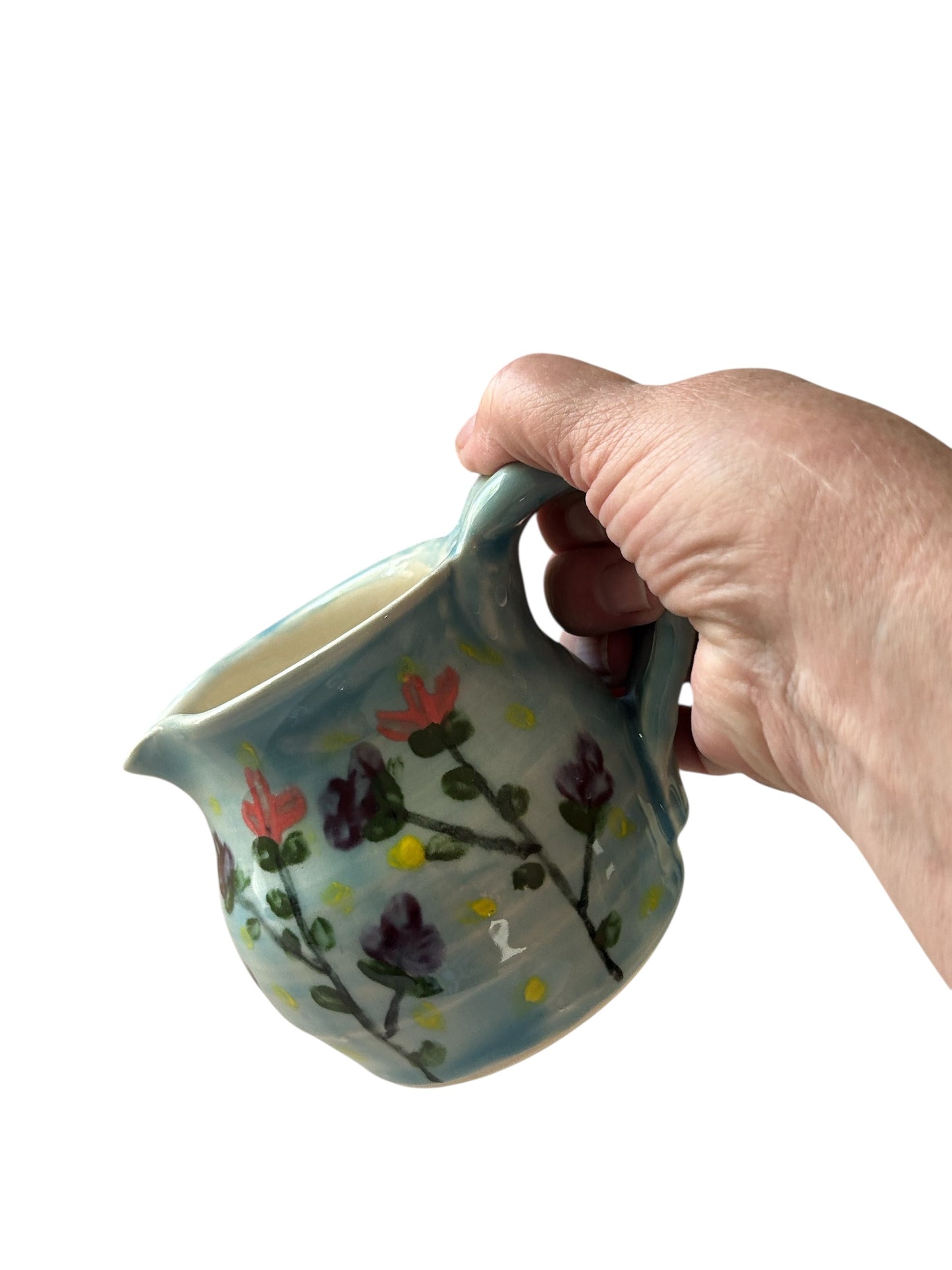 Handpainted Wheel-Thrown Creamer #38 with Stylized Flower Designs in Robin's Egg Blue