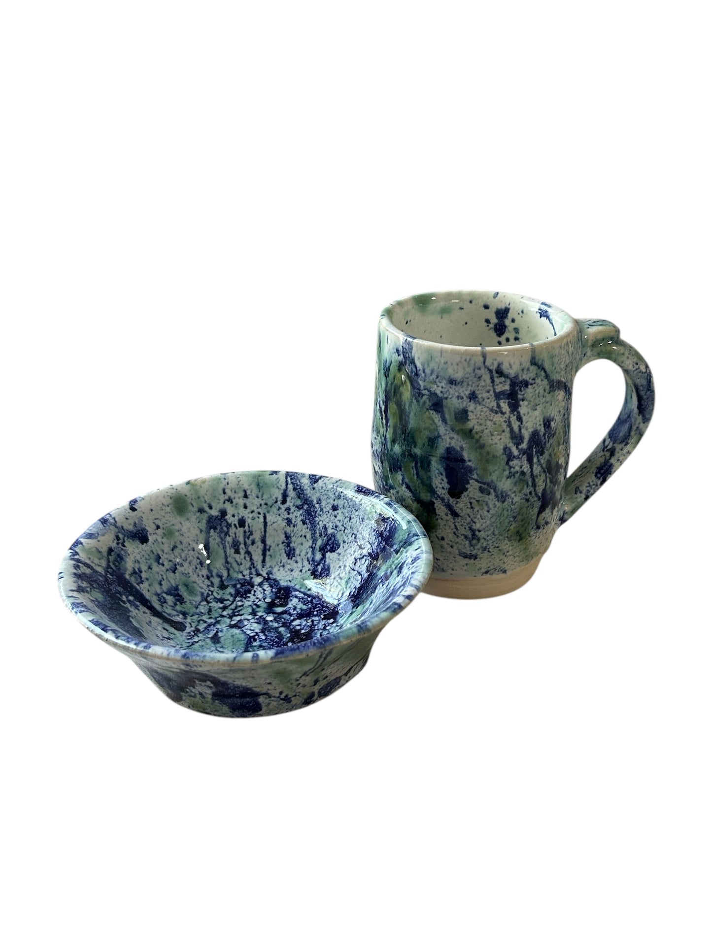 Splatter Mug and Bowl Set #3 in White, Green and Blue