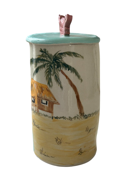 Handbuilt Canister #36 with Painted Beach Scene and Lobster Lid