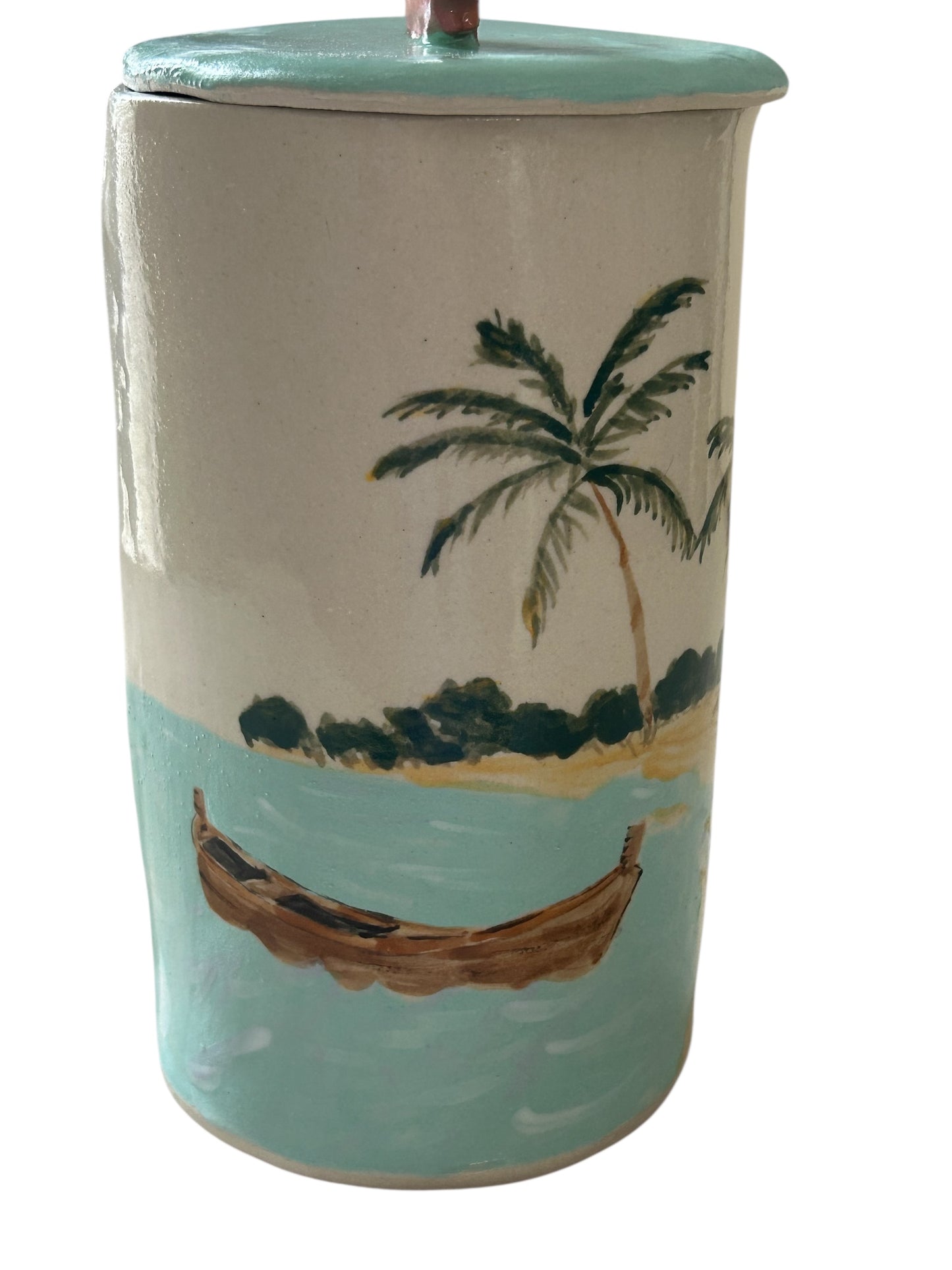 Handbuilt Canister #36 with Painted Beach Scene and Lobster Lid