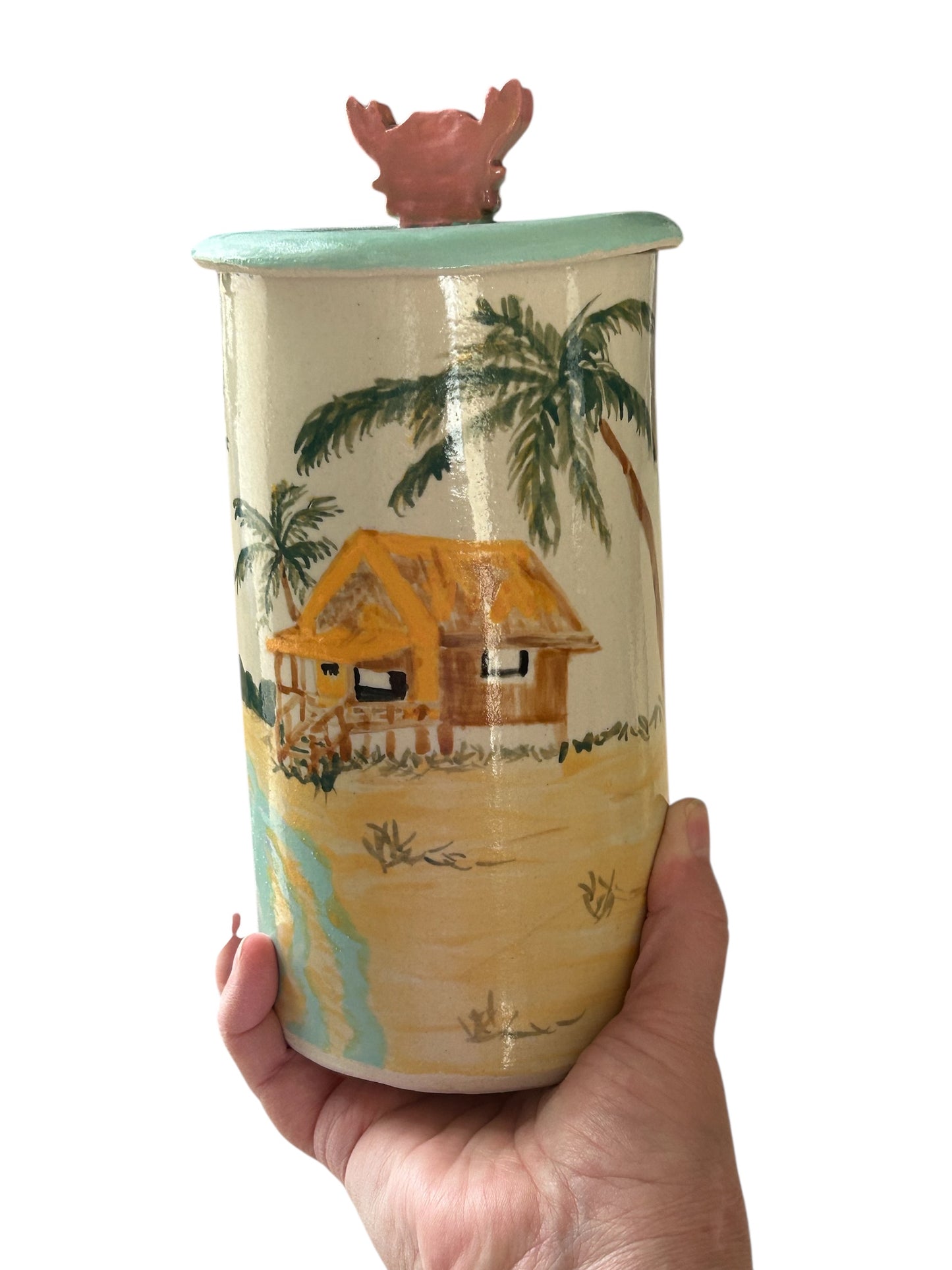 Handbuilt Canister #36 with Painted Beach Scene and Lobster Lid