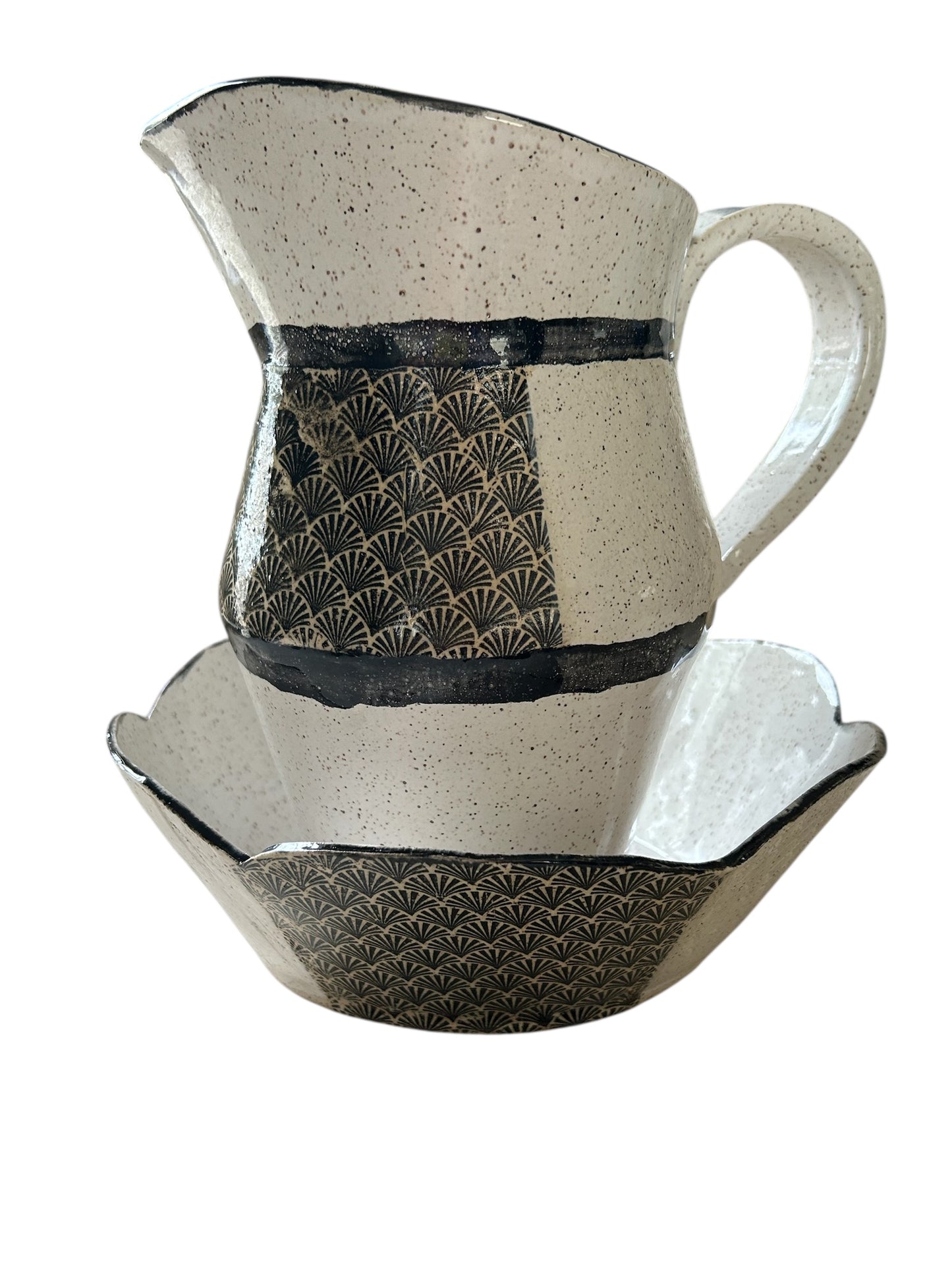 Art Deco Set of Bowl and Jug #1 with Monoprint and Stamped Shell Designs in Black and White on Speckled Clay