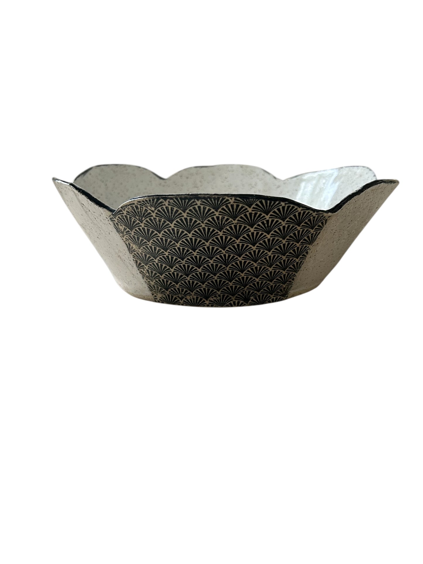 Art Deco Set of Bowl and Jug #1 with Monoprint and Stamped Shell Designs in Black and White on Speckled Clay