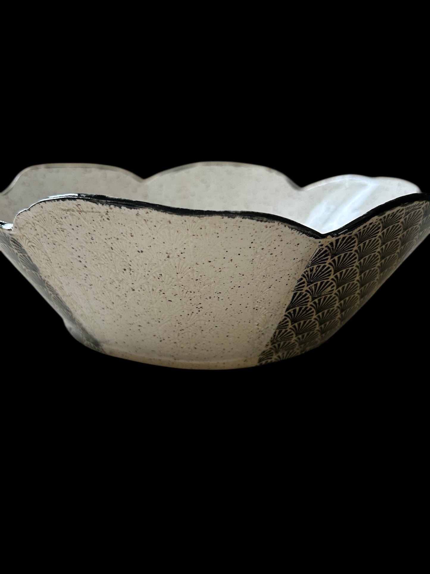 Art Deco Set of Bowl and Jug #1 with Monoprint and Stamped Shell Designs in Black and White on Speckled Clay