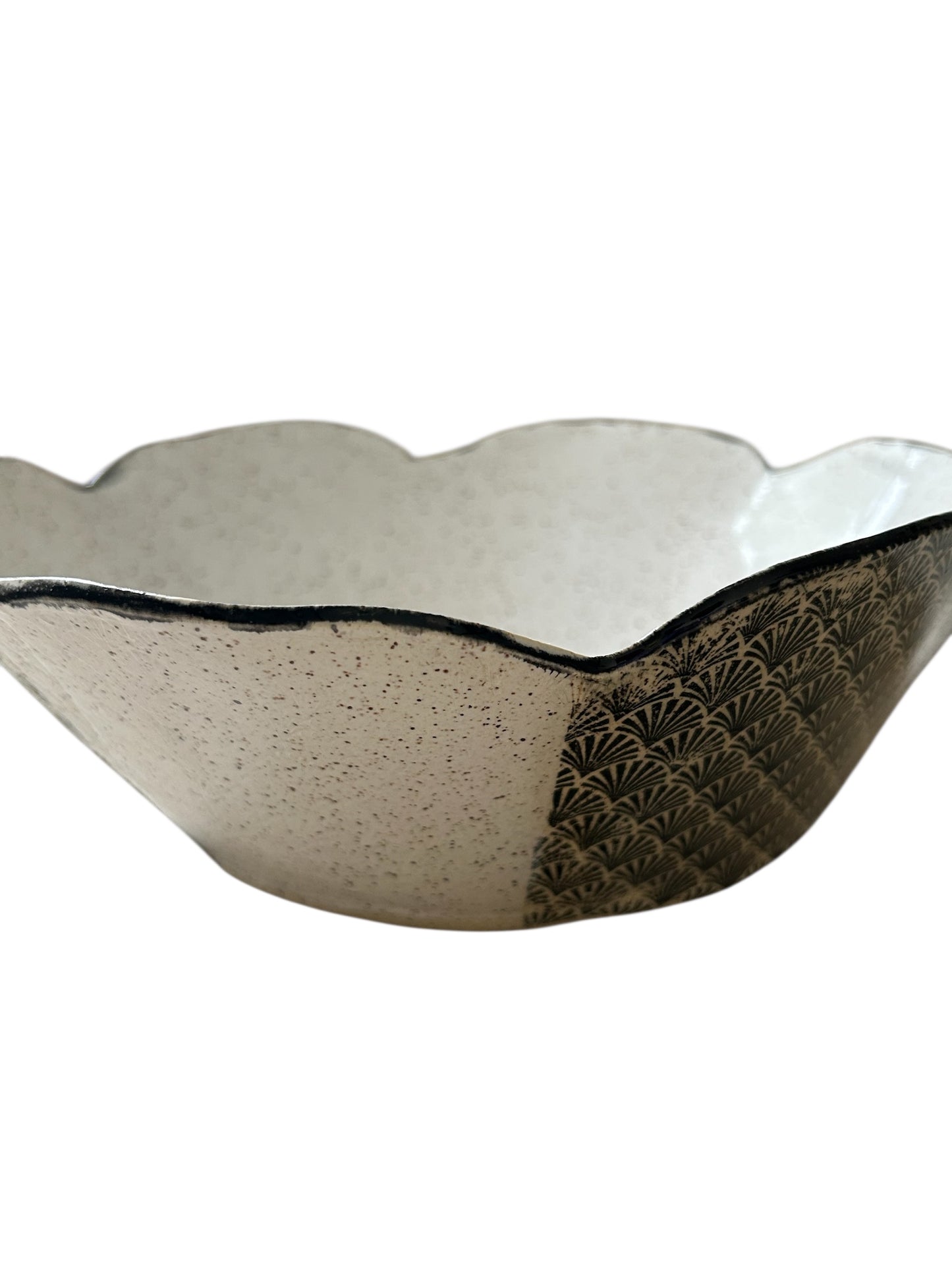 Art Deco Set of Bowl and Jug #1 with Monoprint and Stamped Shell Designs in Black and White on Speckled Clay