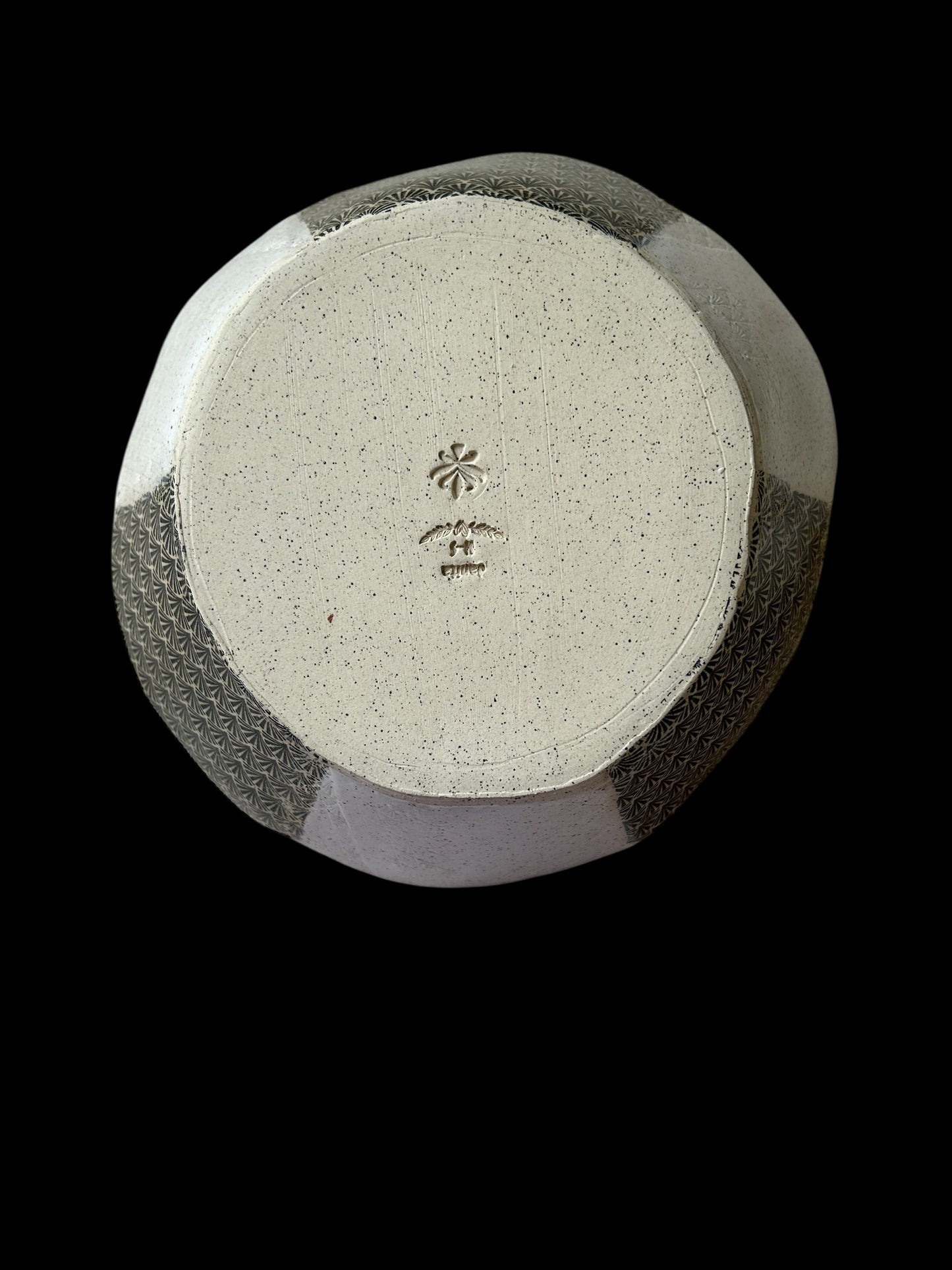 Art Deco Set of Bowl and Jug #1 with Monoprint and Stamped Shell Designs in Black and White on Speckled Clay