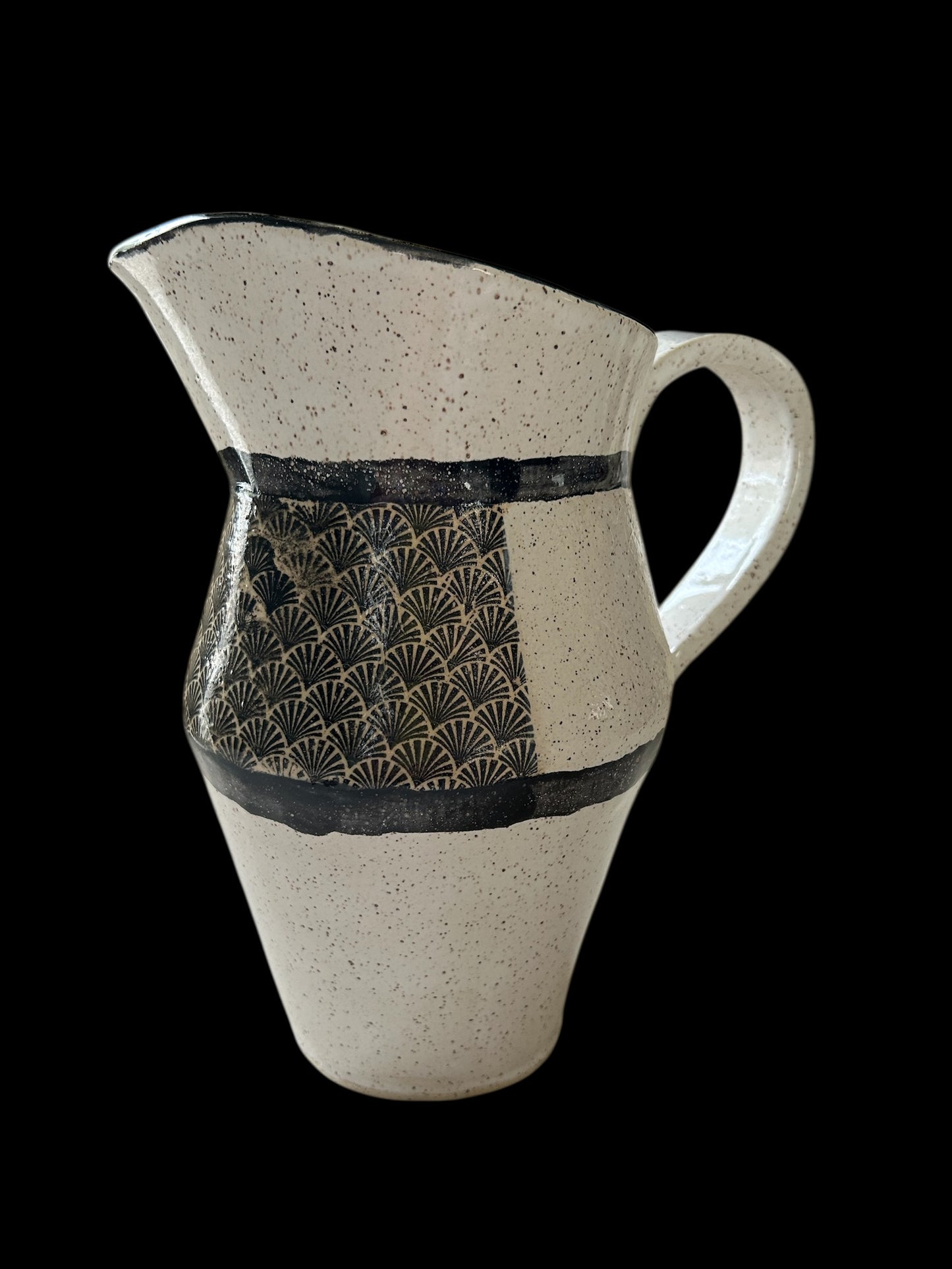 Art Deco Set of Bowl and Jug #1 with Monoprint and Stamped Shell Designs in Black and White on Speckled Clay