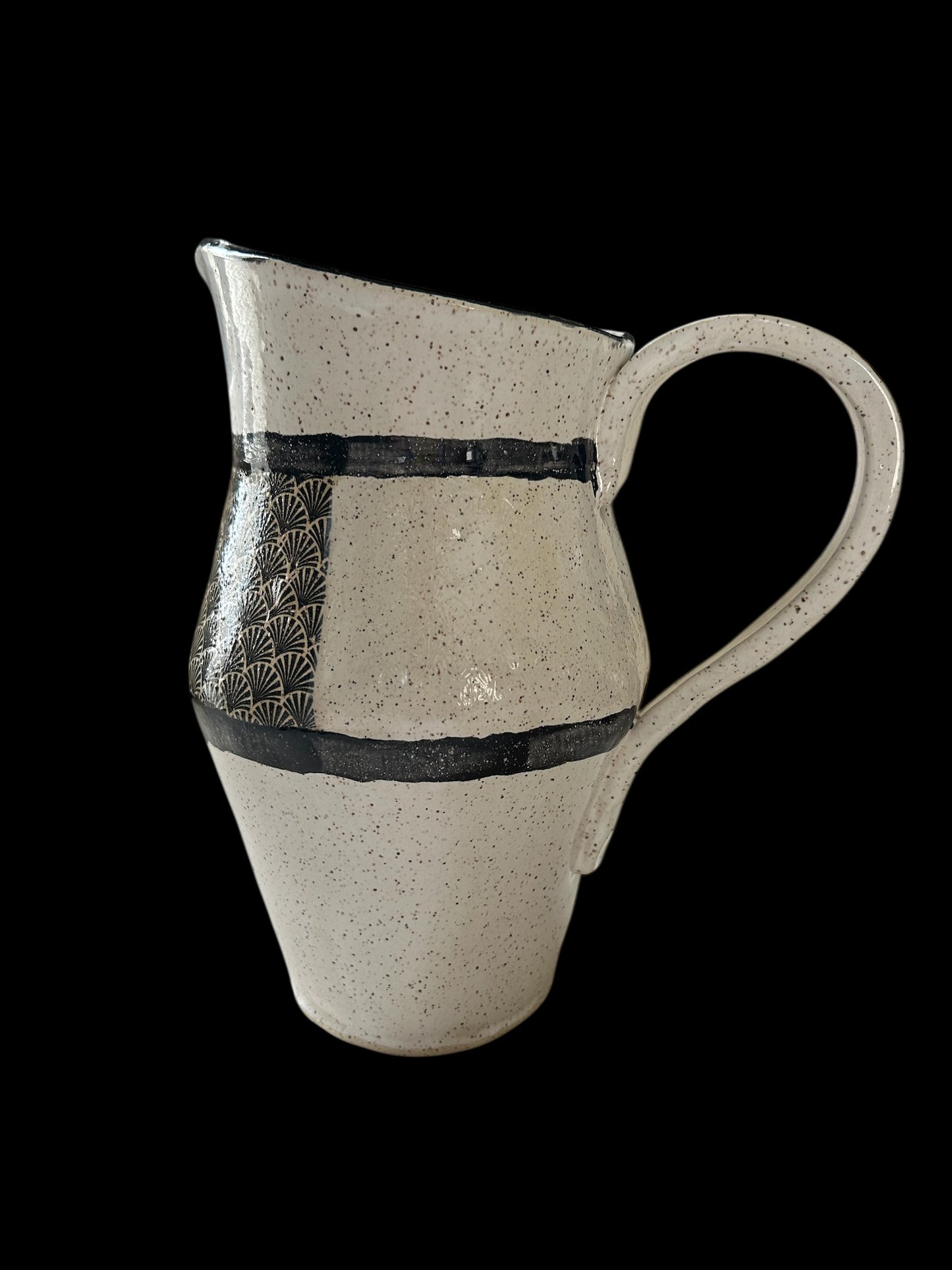 Art Deco Set of Bowl and Jug #1 with Monoprint and Stamped Shell Designs in Black and White on Speckled Clay