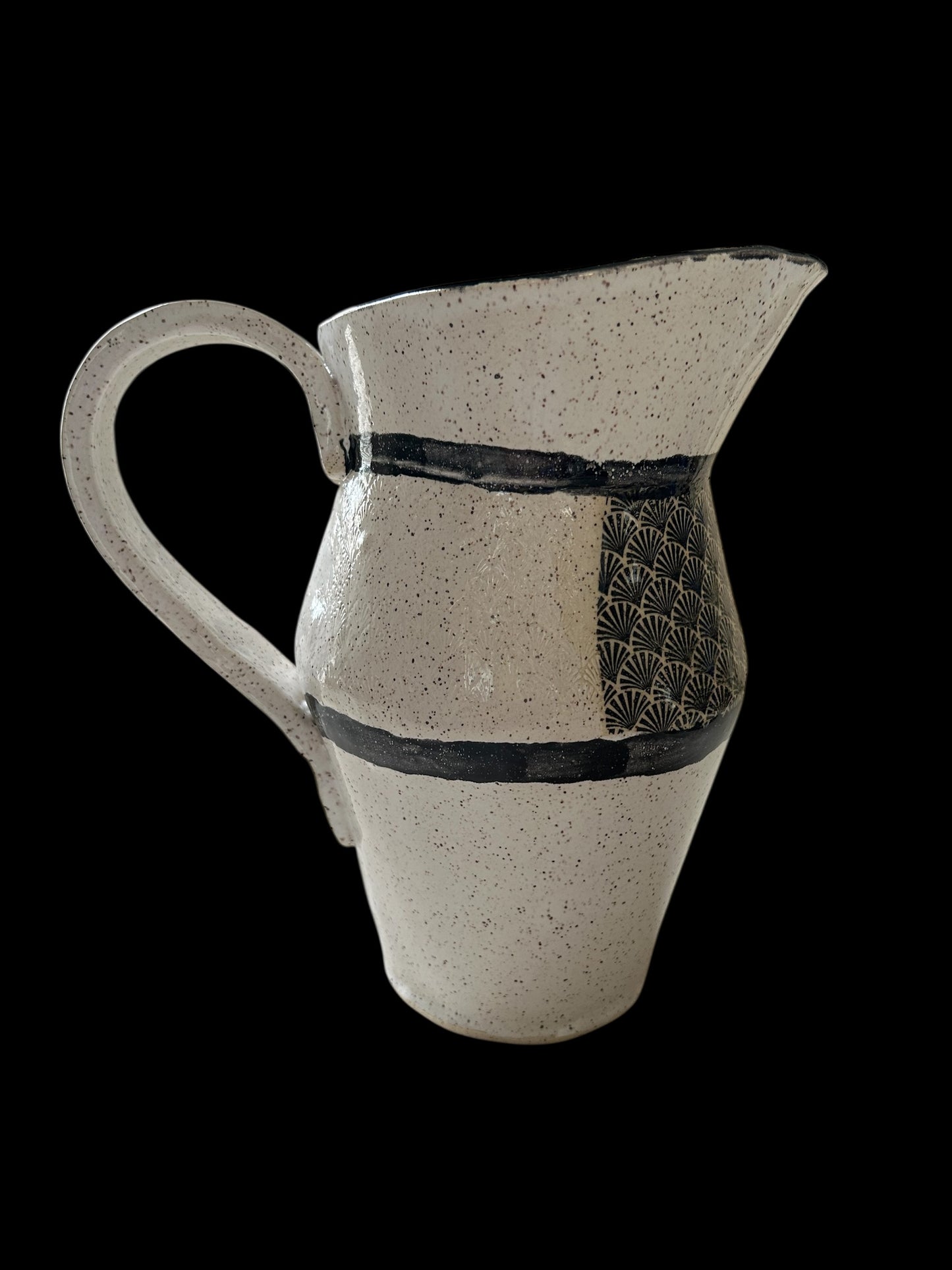 Art Deco Set of Bowl and Jug #1 with Monoprint and Stamped Shell Designs in Black and White on Speckled Clay