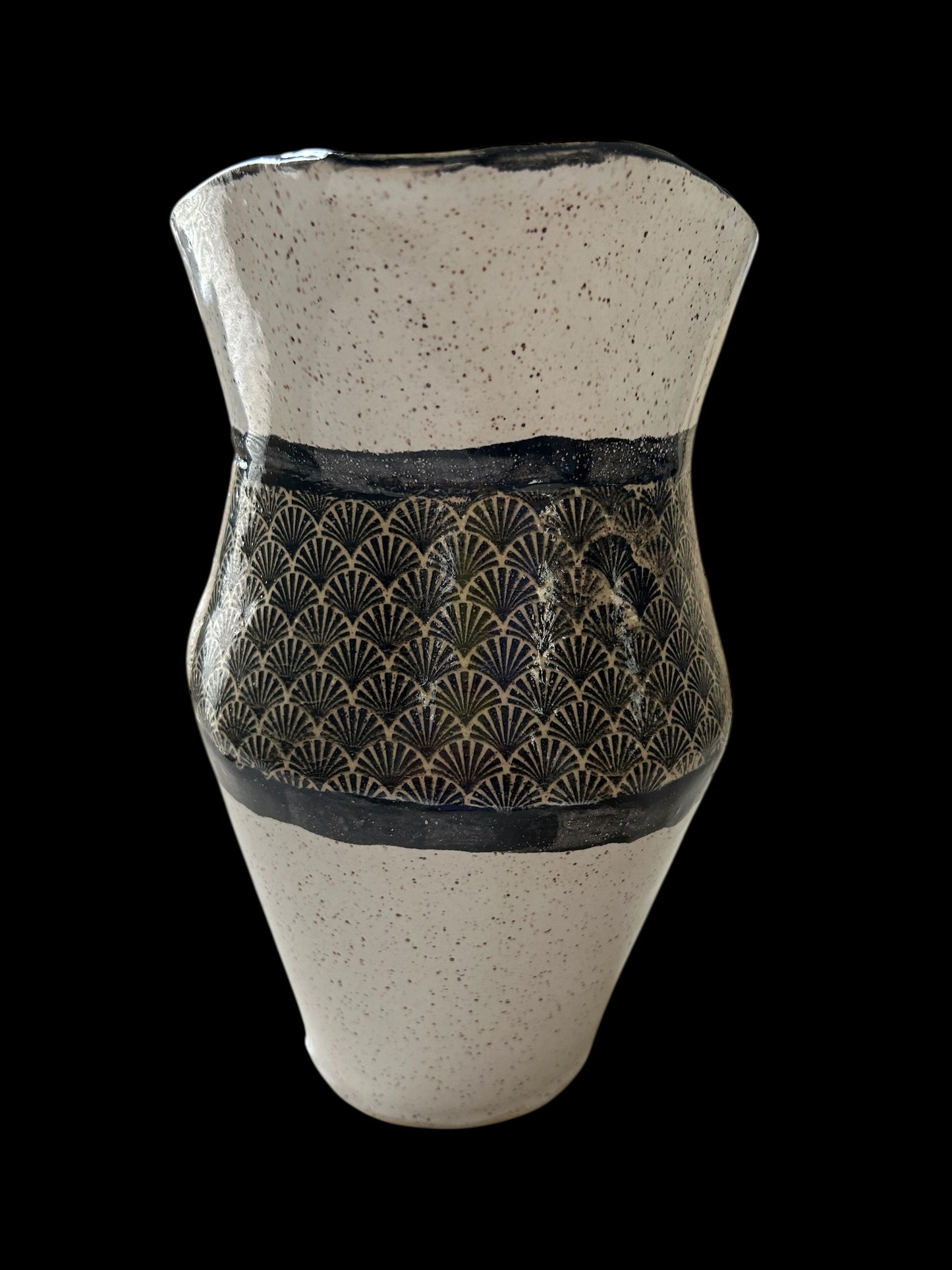 Art Deco Set of Bowl and Jug #1 with Monoprint and Stamped Shell Designs in Black and White on Speckled Clay