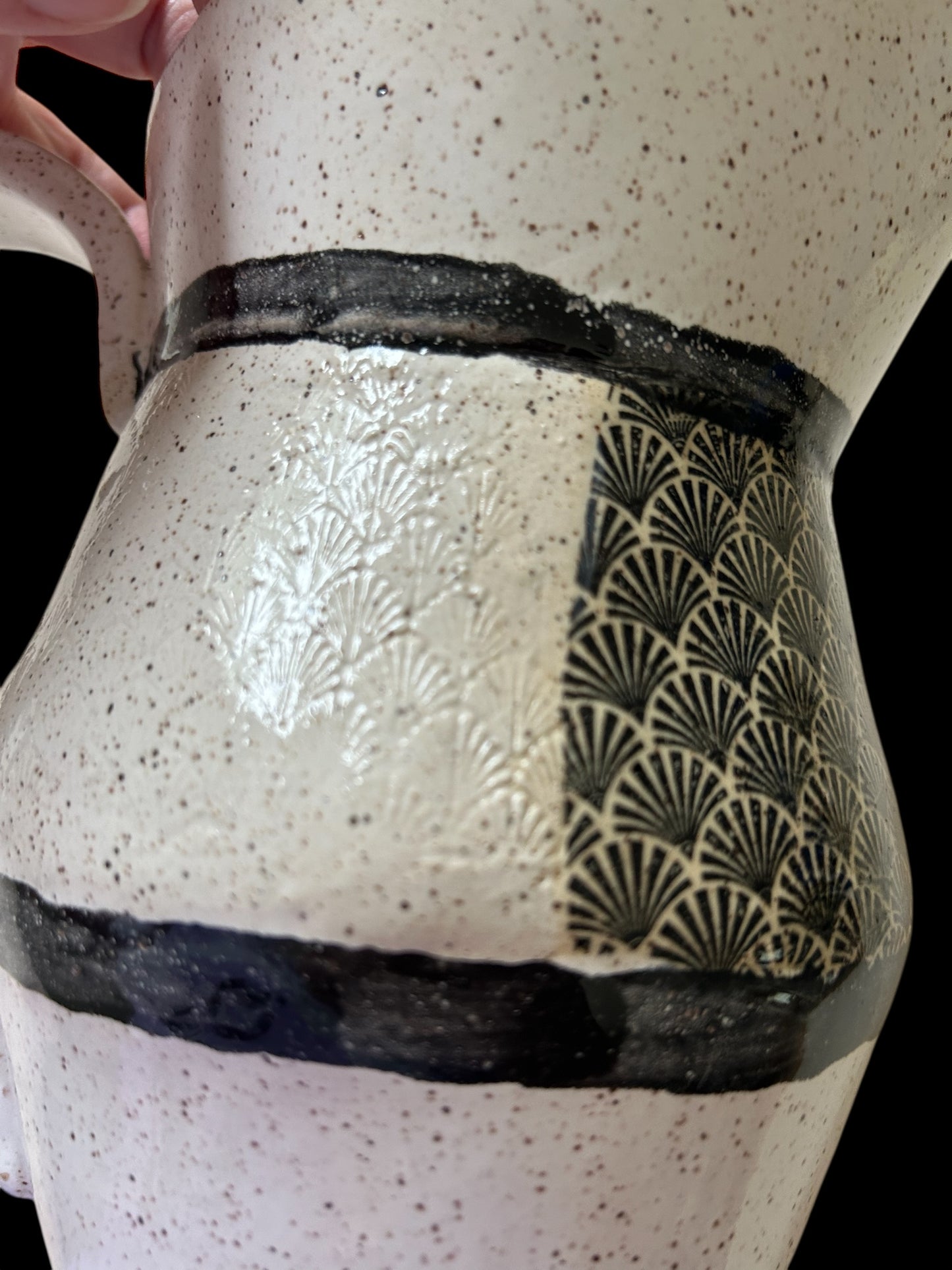 Art Deco Set of Bowl and Jug #1 with Monoprint and Stamped Shell Designs in Black and White on Speckled Clay