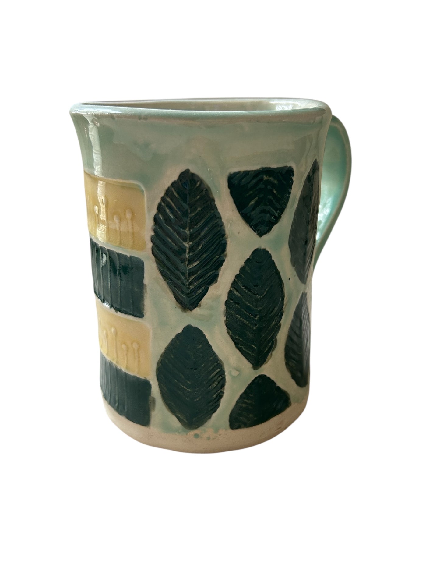 Stamped Leaf and Flower Mug #30 in Yellow and Dark Green