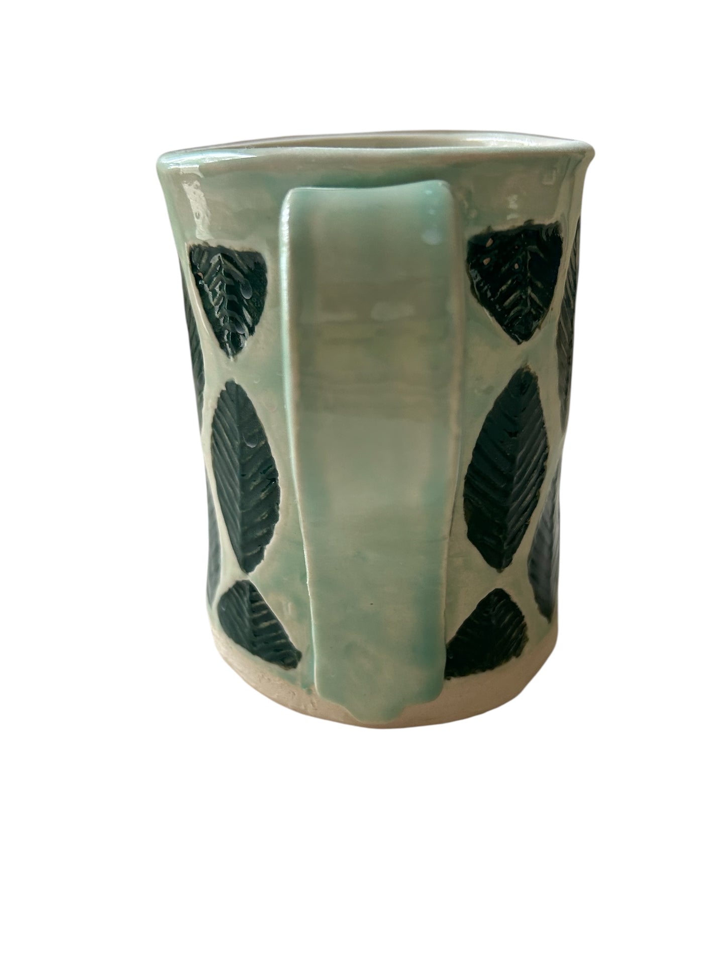 Stamped Leaf and Flower Mug #30 in Yellow and Dark Green