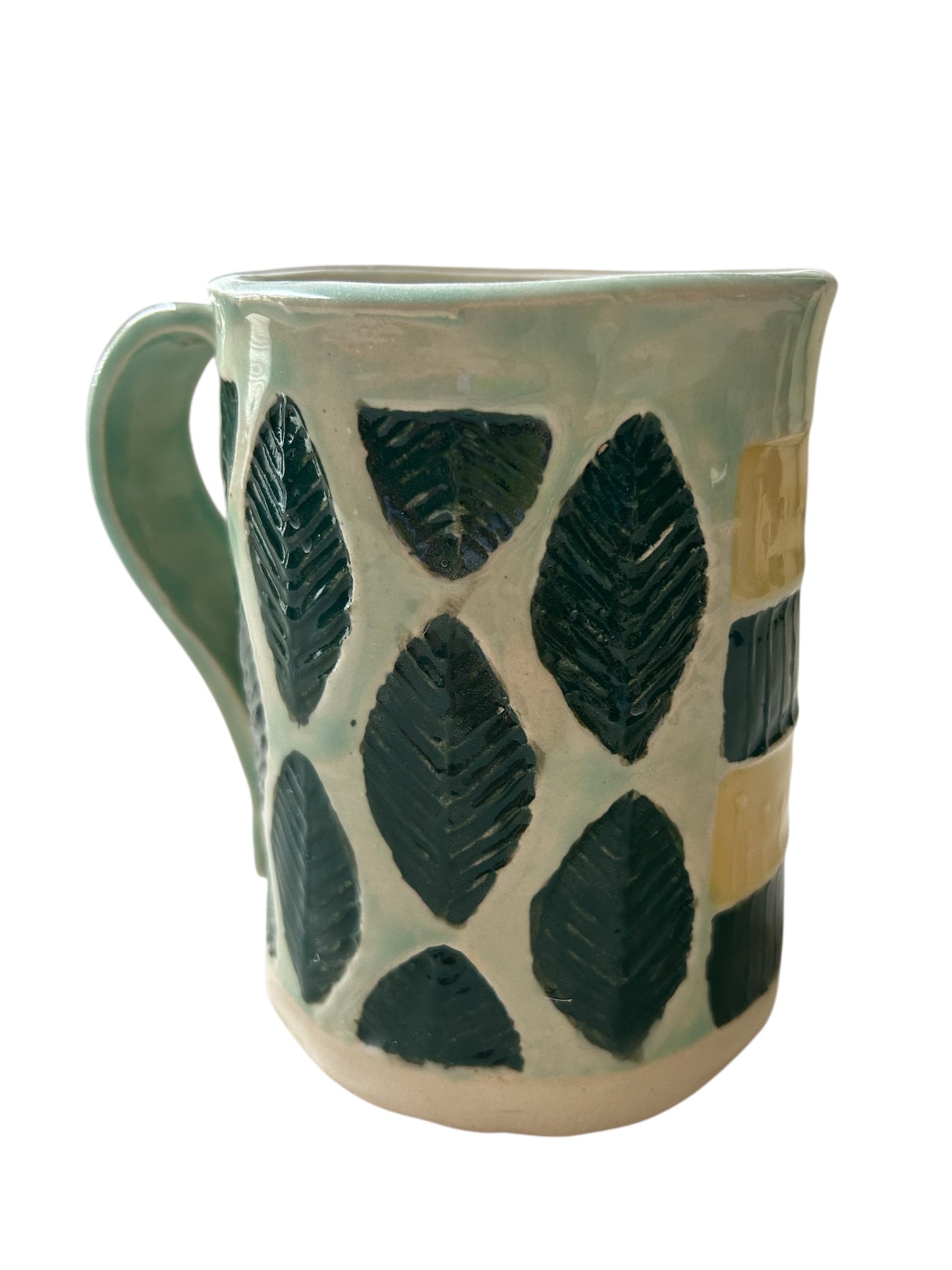 Stamped Leaf and Flower Mug #30 in Yellow and Dark Green
