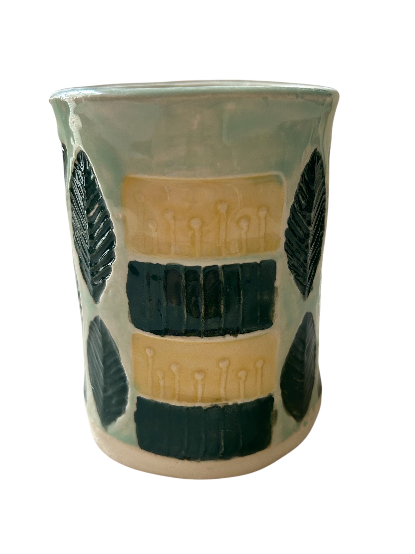 Stamped Leaf and Flower Mug #30 in Yellow and Dark Green