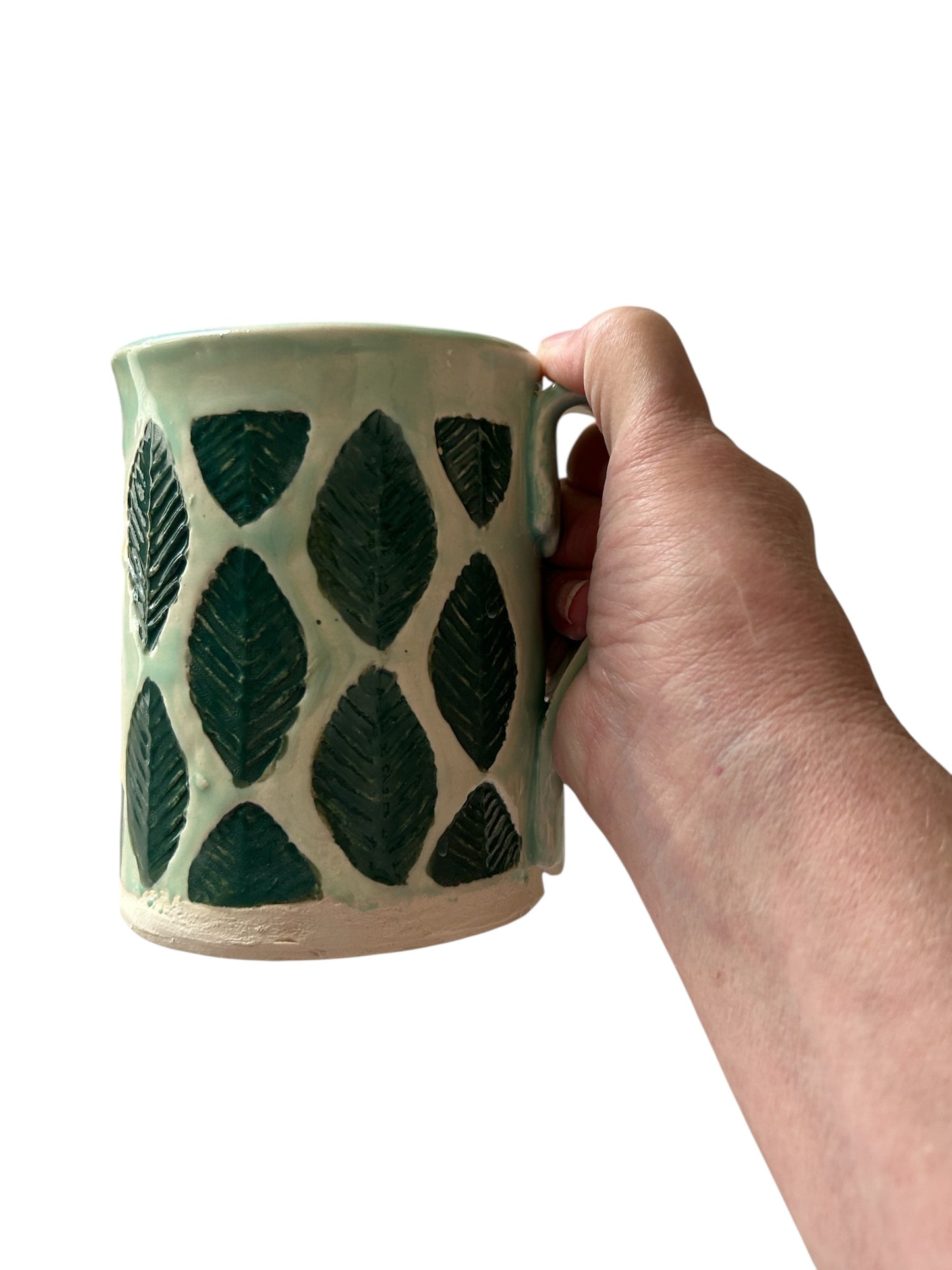 Stamped Leaf and Flower Mug #30 in Yellow and Dark Green