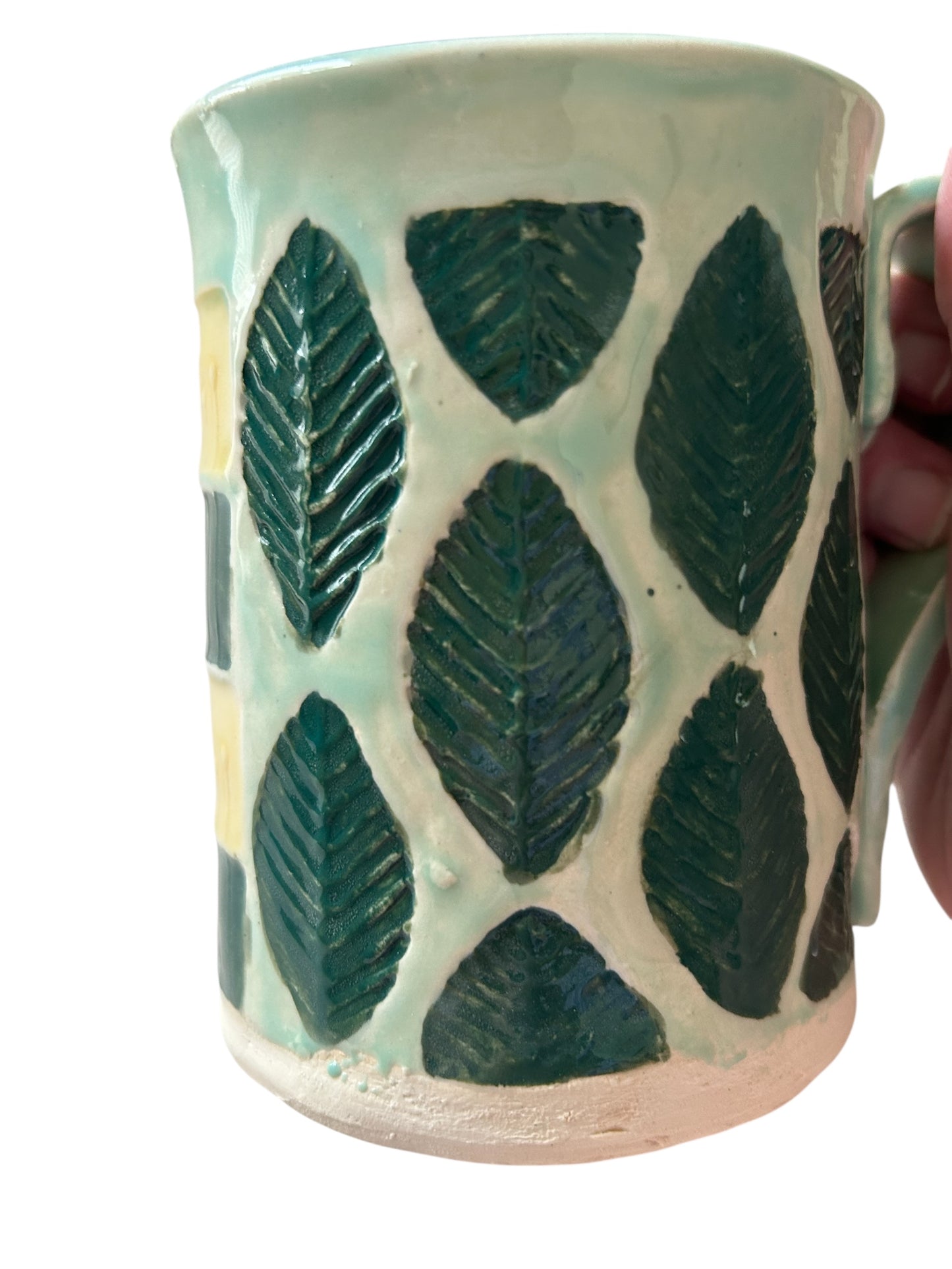 Stamped Leaf and Flower Mug #30 in Yellow and Dark Green