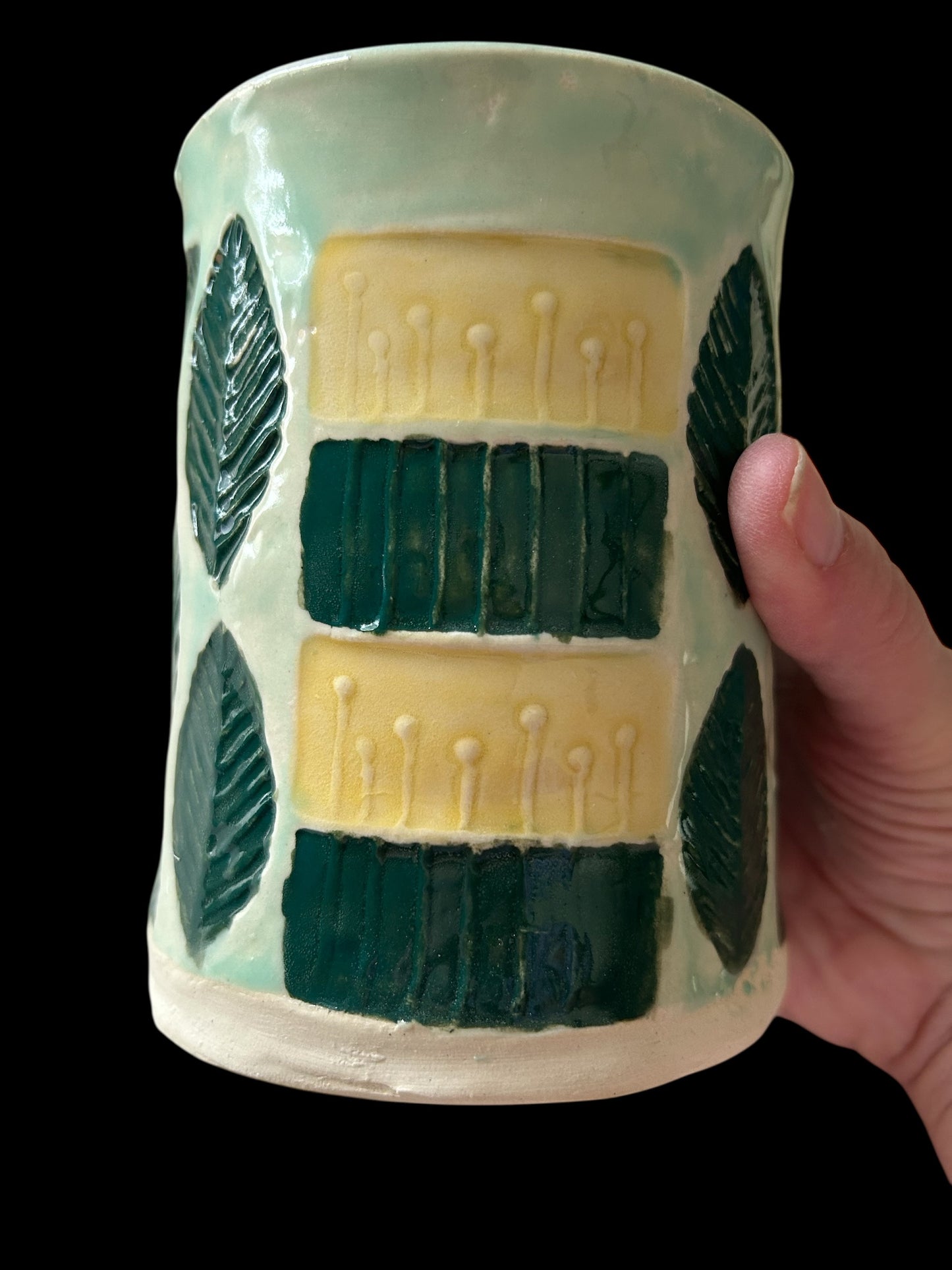 Stamped Leaf and Flower Mug #30 in Yellow and Dark Green