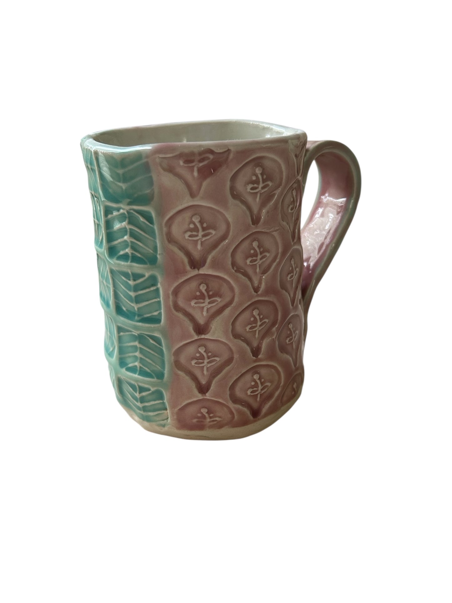 Stamped Handbuilt Art Deco Mug #31 with Stylized Leaves and Flowers in Plum and Aqua