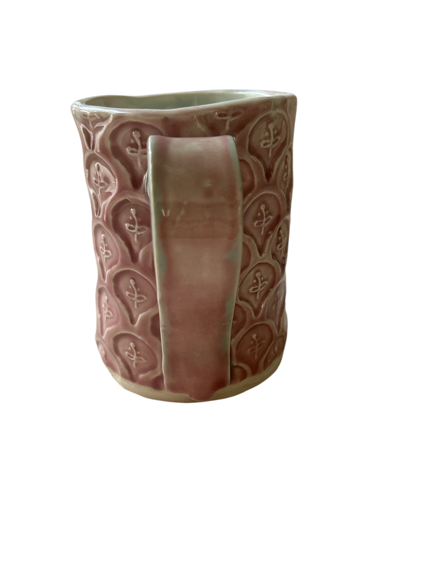 Stamped Handbuilt Art Deco Mug #31 with Stylized Leaves and Flowers in Plum and Aqua