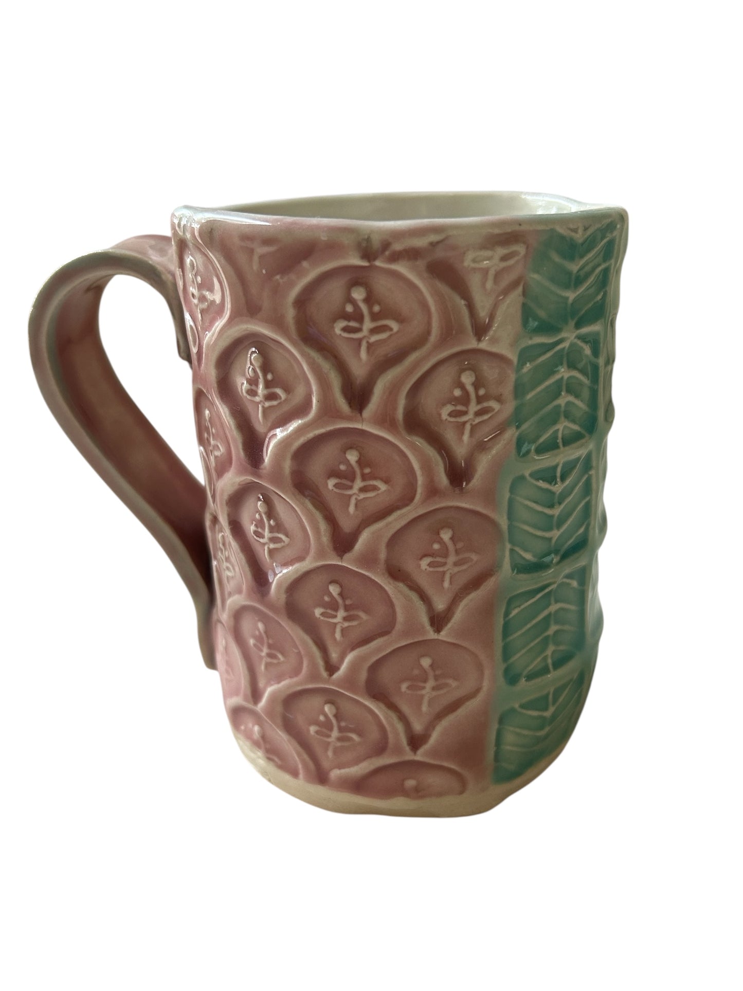 Stamped Handbuilt Art Deco Mug #31 with Stylized Leaves and Flowers in Plum and Aqua