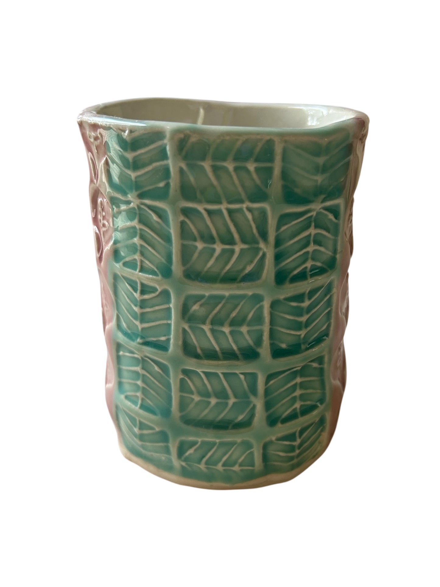 Stamped Handbuilt Art Deco Mug #31 with Stylized Leaves and Flowers in Plum and Aqua