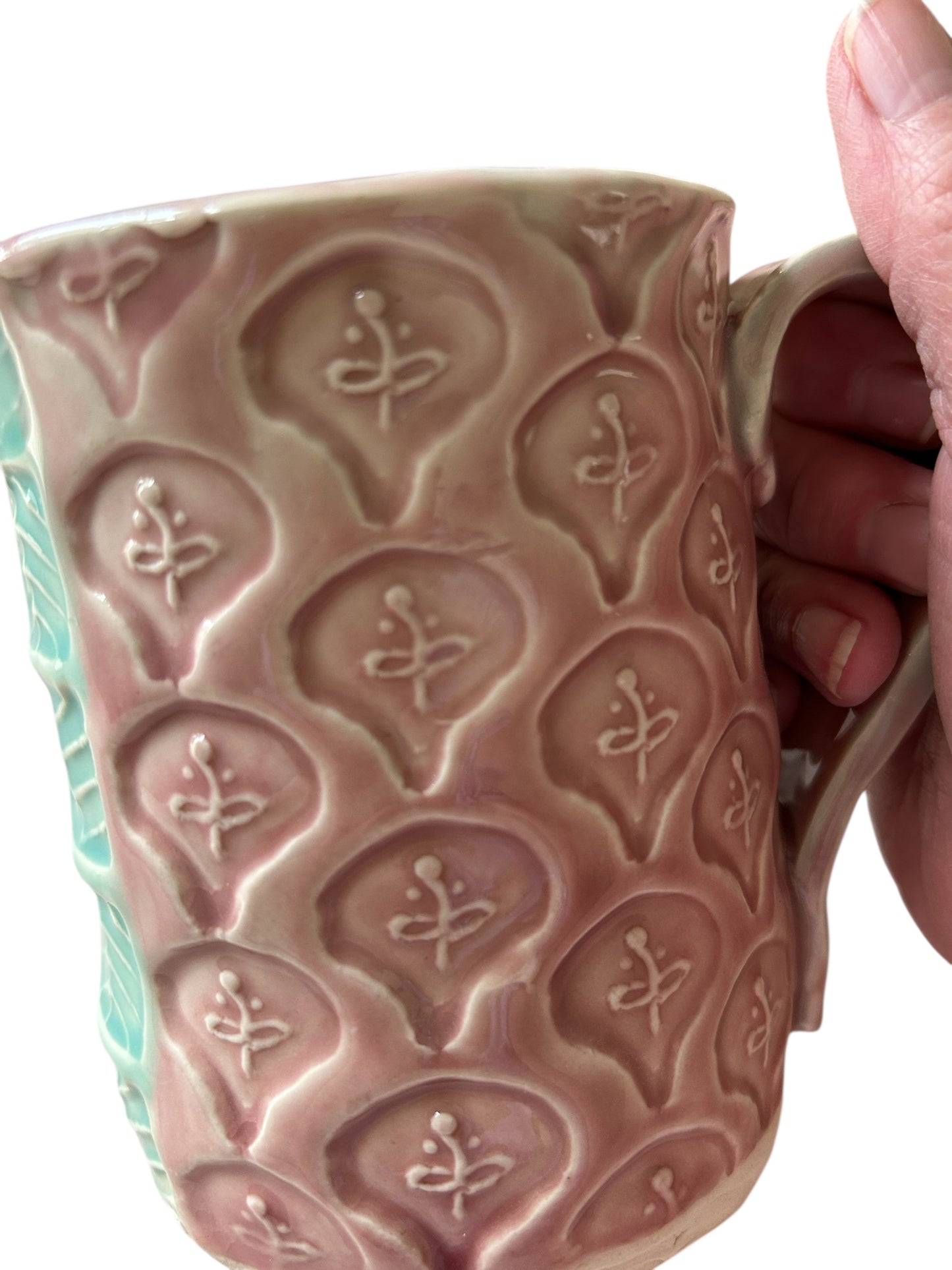 Stamped Handbuilt Art Deco Mug #31 with Stylized Leaves and Flowers in Plum and Aqua