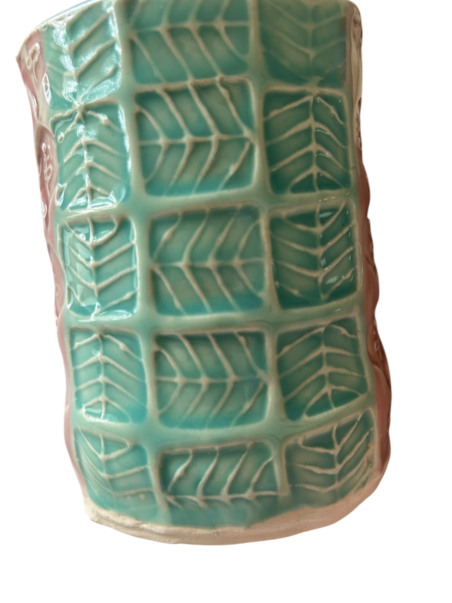 Stamped Handbuilt Art Deco Mug #31 with Stylized Leaves and Flowers in Plum and Aqua