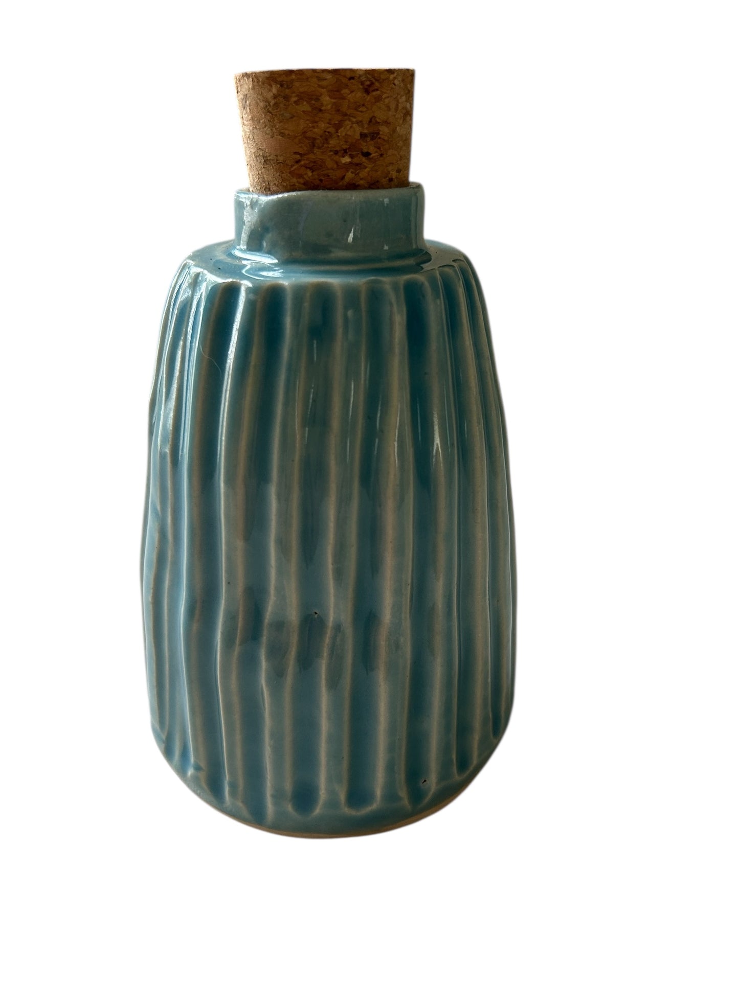 Medium Fluted Bottle #3 in Translucent Blue Lagoon with Natural Cork Top