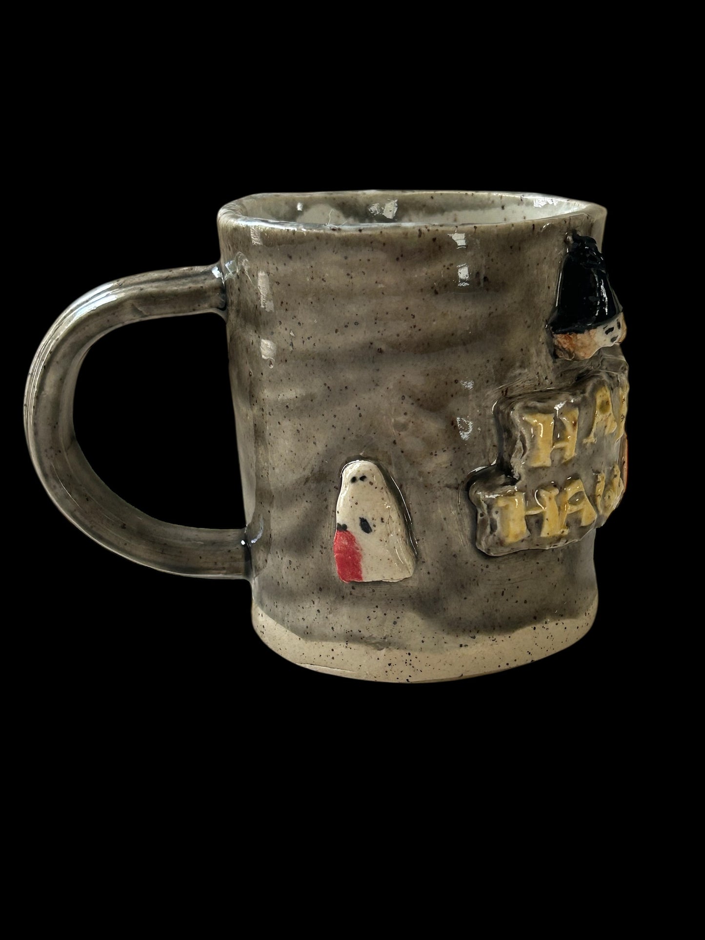 Handbuilt Slab Halloween Sculpture Mug #26 with Witch, Ghost, and Pumpkin