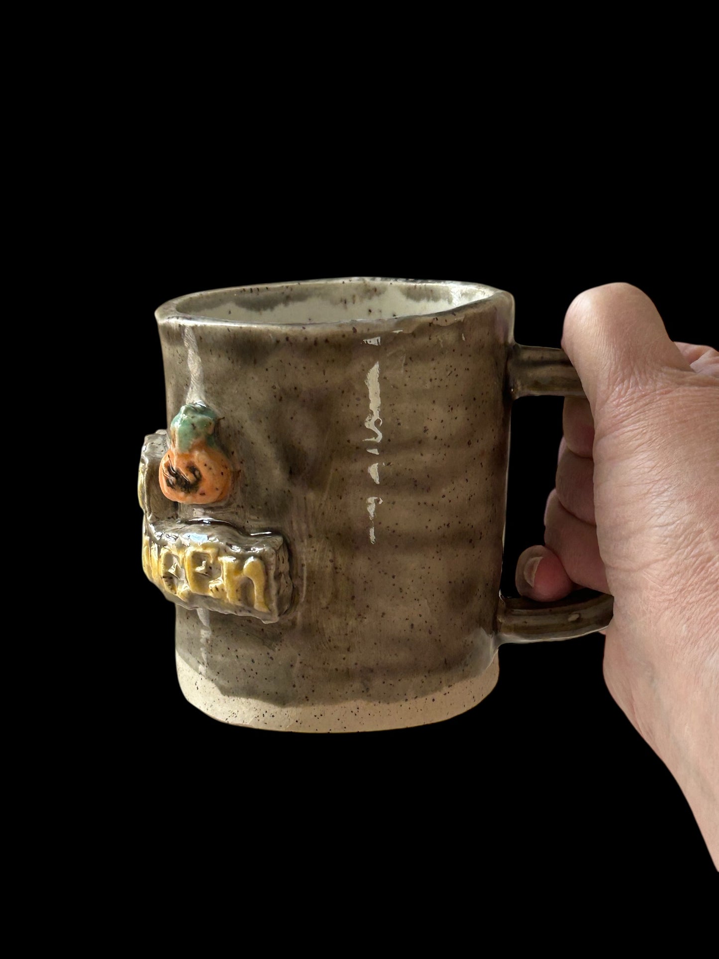 Handbuilt Slab Halloween Sculpture Mug #26 with Witch, Ghost, and Pumpkin