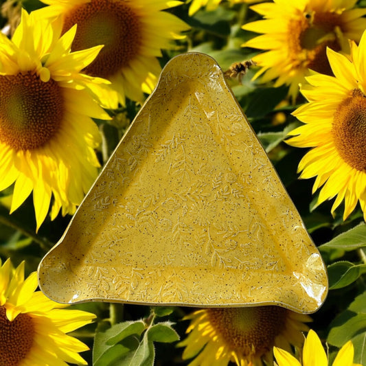 Medium Handbuilt Slab Textured Triangular Plate #12 with Bees and Sunflowers Designs in Golden Yellow