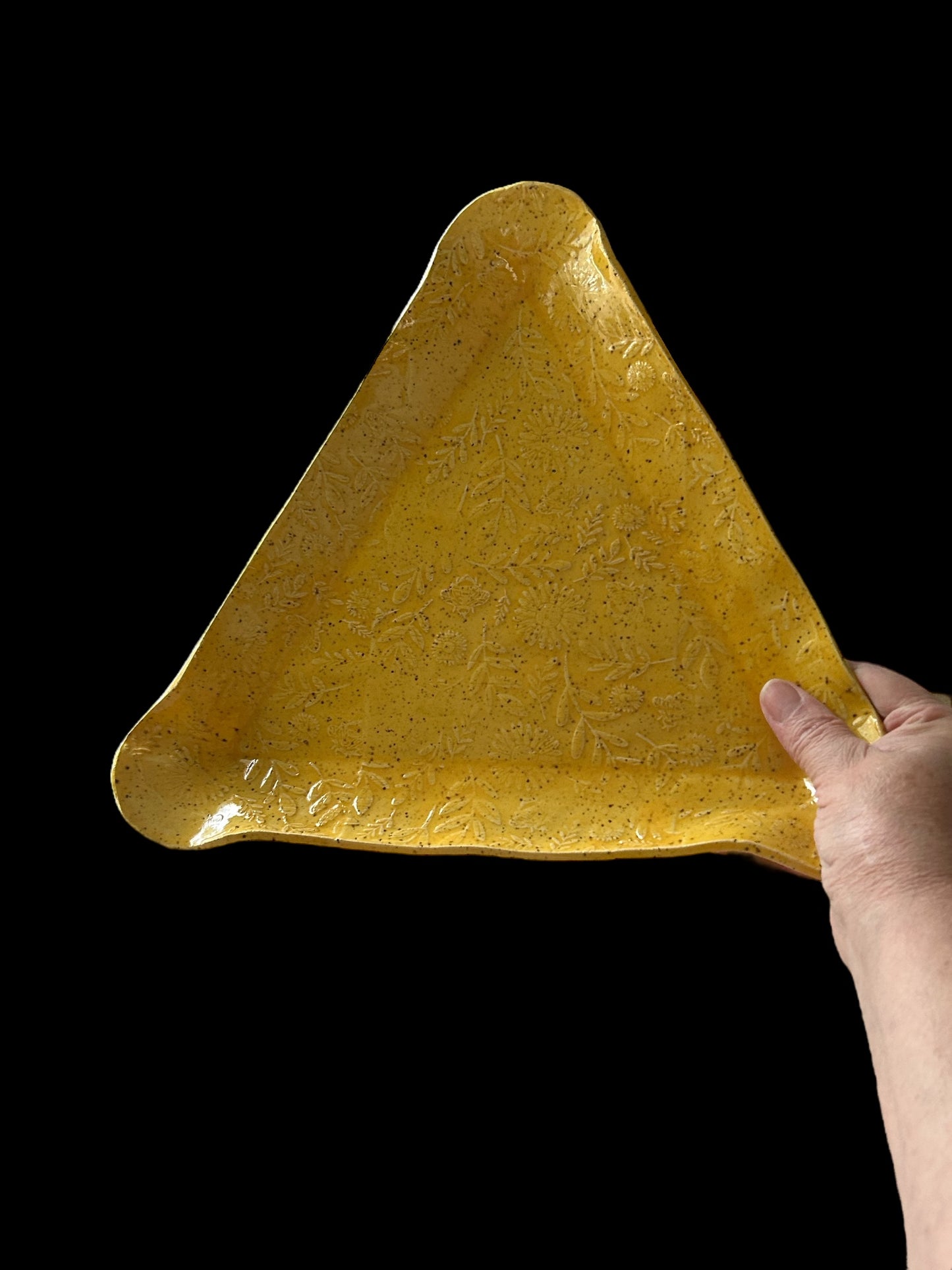 Medium Handbuilt Slab Textured Triangular Plate #12 with Bees and Sunflowers Designs in Golden Yellow
