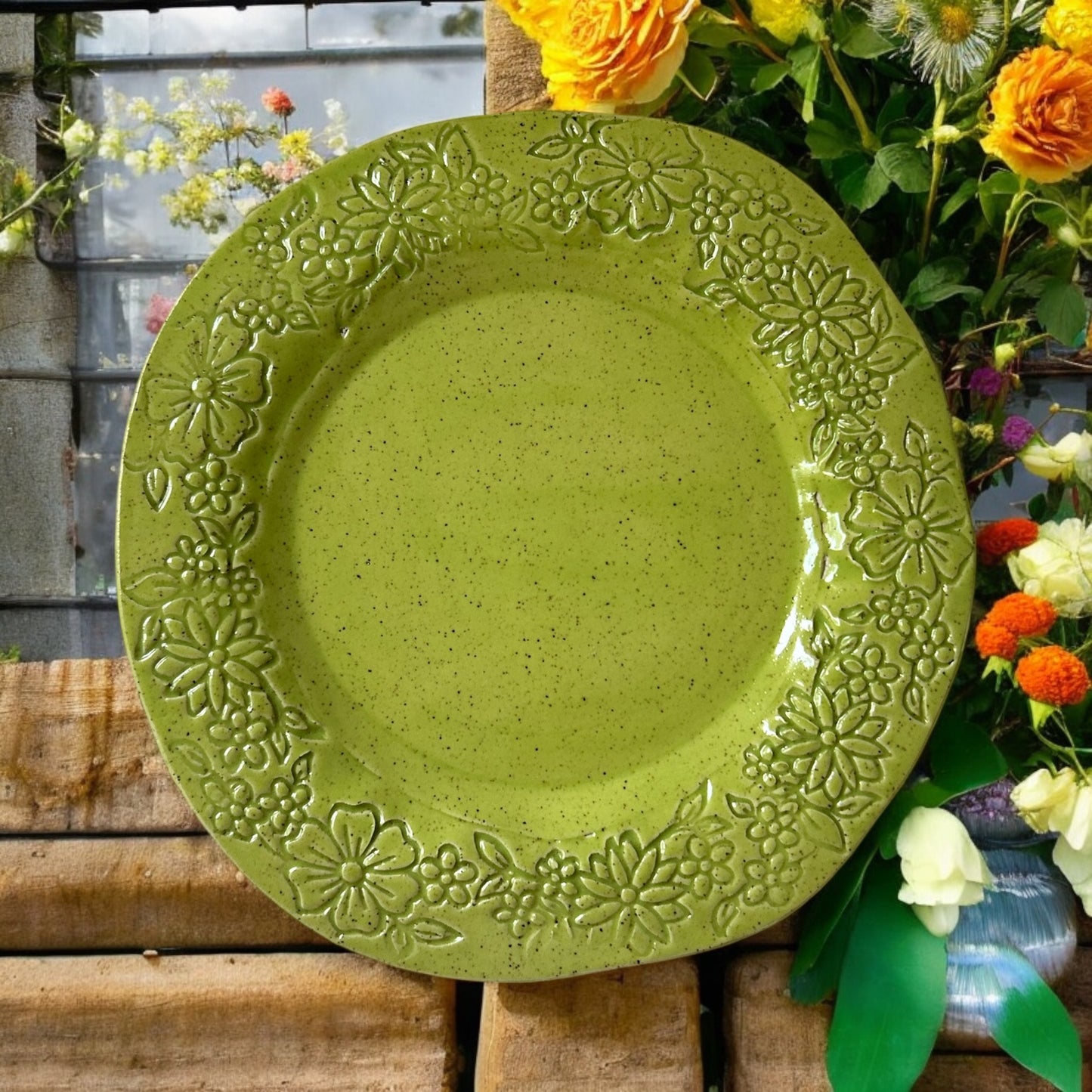 Medium Handbuilt Slab Textured Treat Tray #13 with Floral Designs in Pear Green