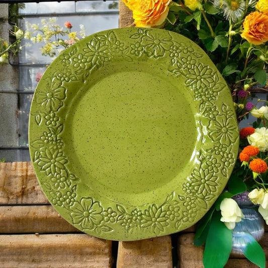 Medium Handbuilt Slab Textured Treat Tray #13 with Floral Designs in Pear Green