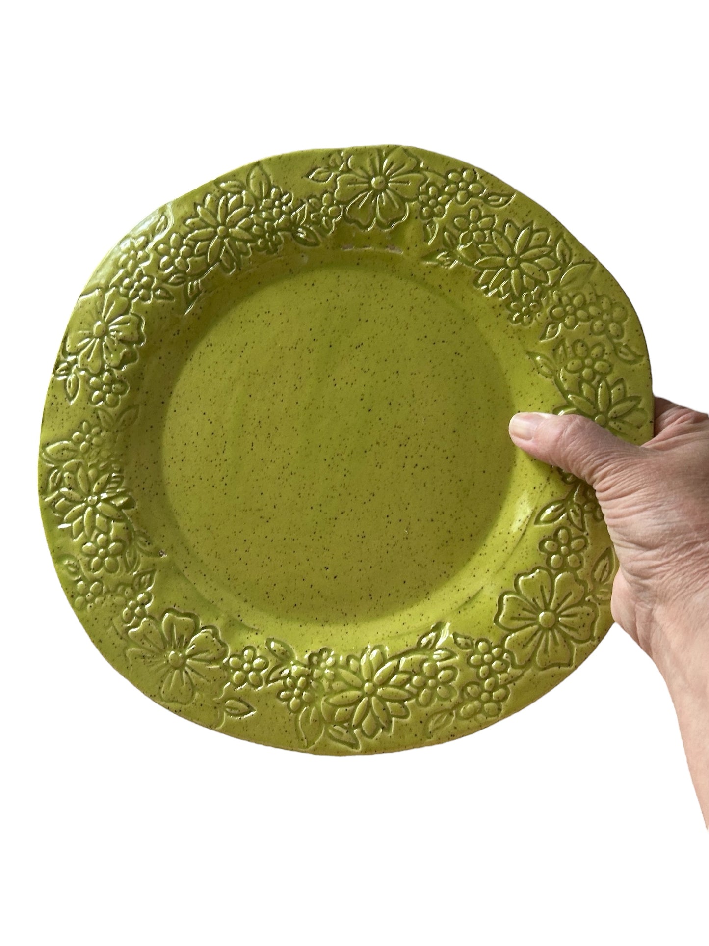 Medium Handbuilt Slab Textured Treat Tray #13 with Floral Designs in Pear Green