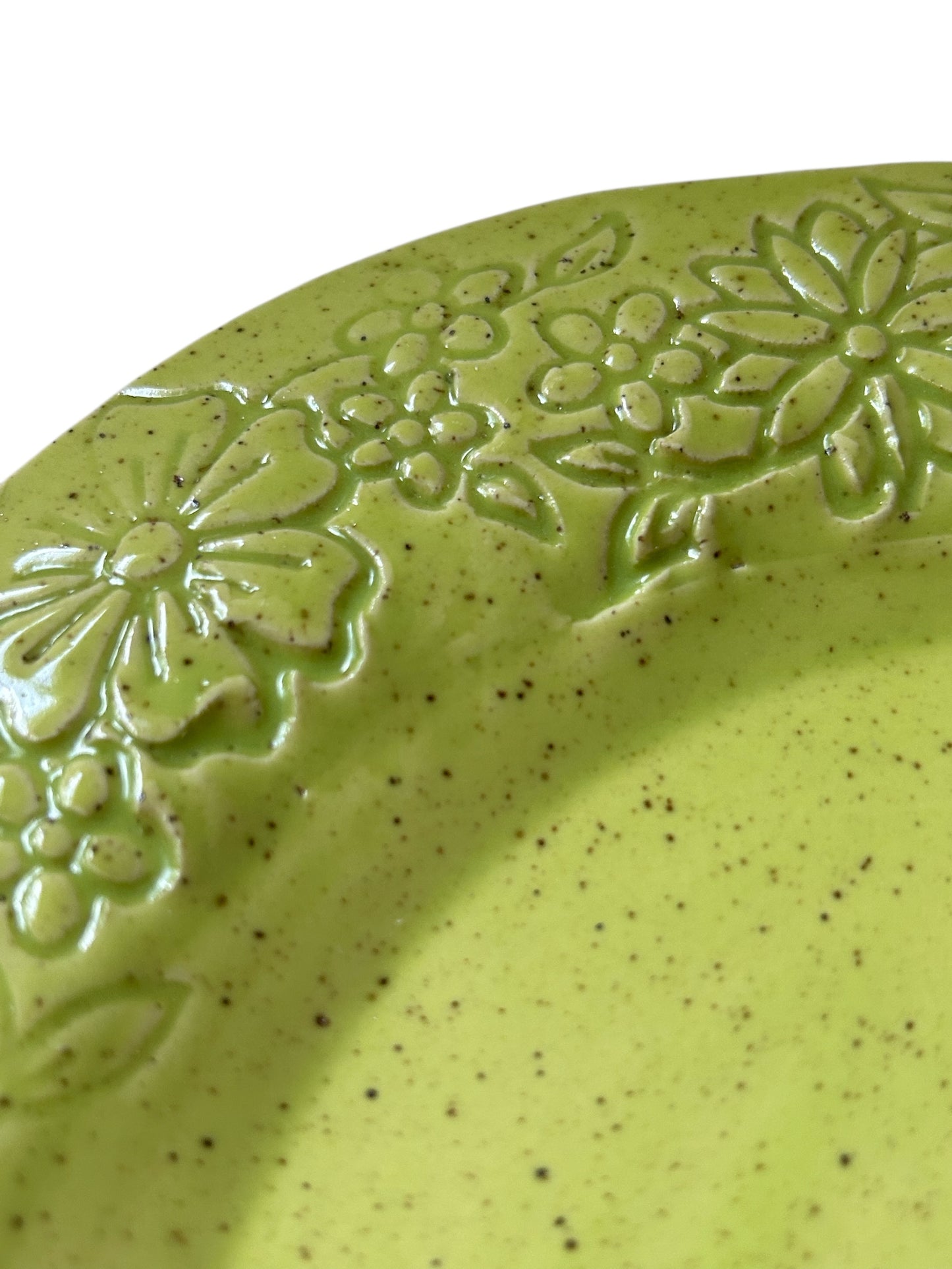 Medium Handbuilt Slab Textured Treat Tray #13 with Floral Designs in Pear Green