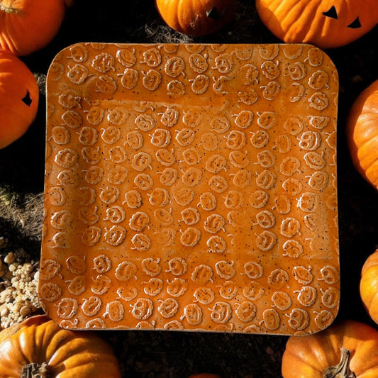 Small Handbuilt Textured Slab Halloween Treat Tray #14 with Jack-O'-Lanterns in Harvest Orange