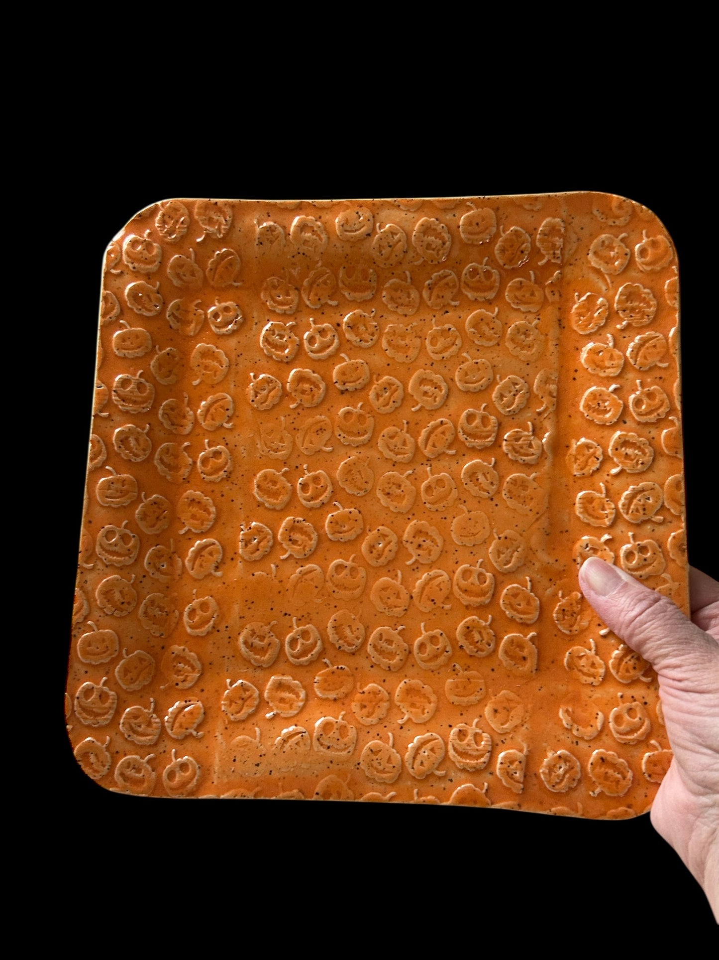 Small Handbuilt Textured Slab Halloween Treat Tray #14 with Jack-O'-Lanterns in Harvest Orange