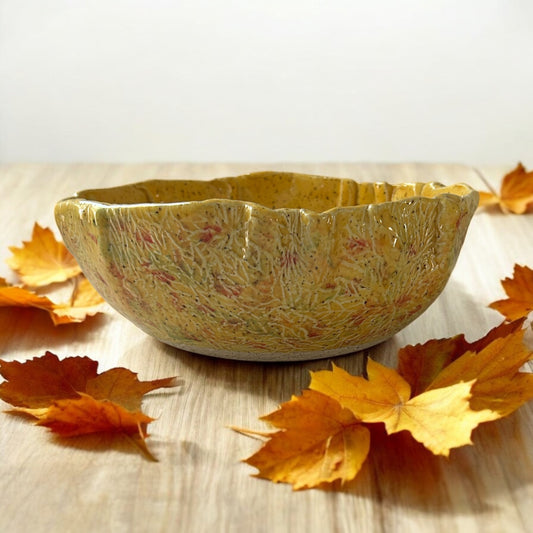 Medium Textured Leaf Bowl #33 with Freeform Rim in Golden Yellow on Speckled Clay