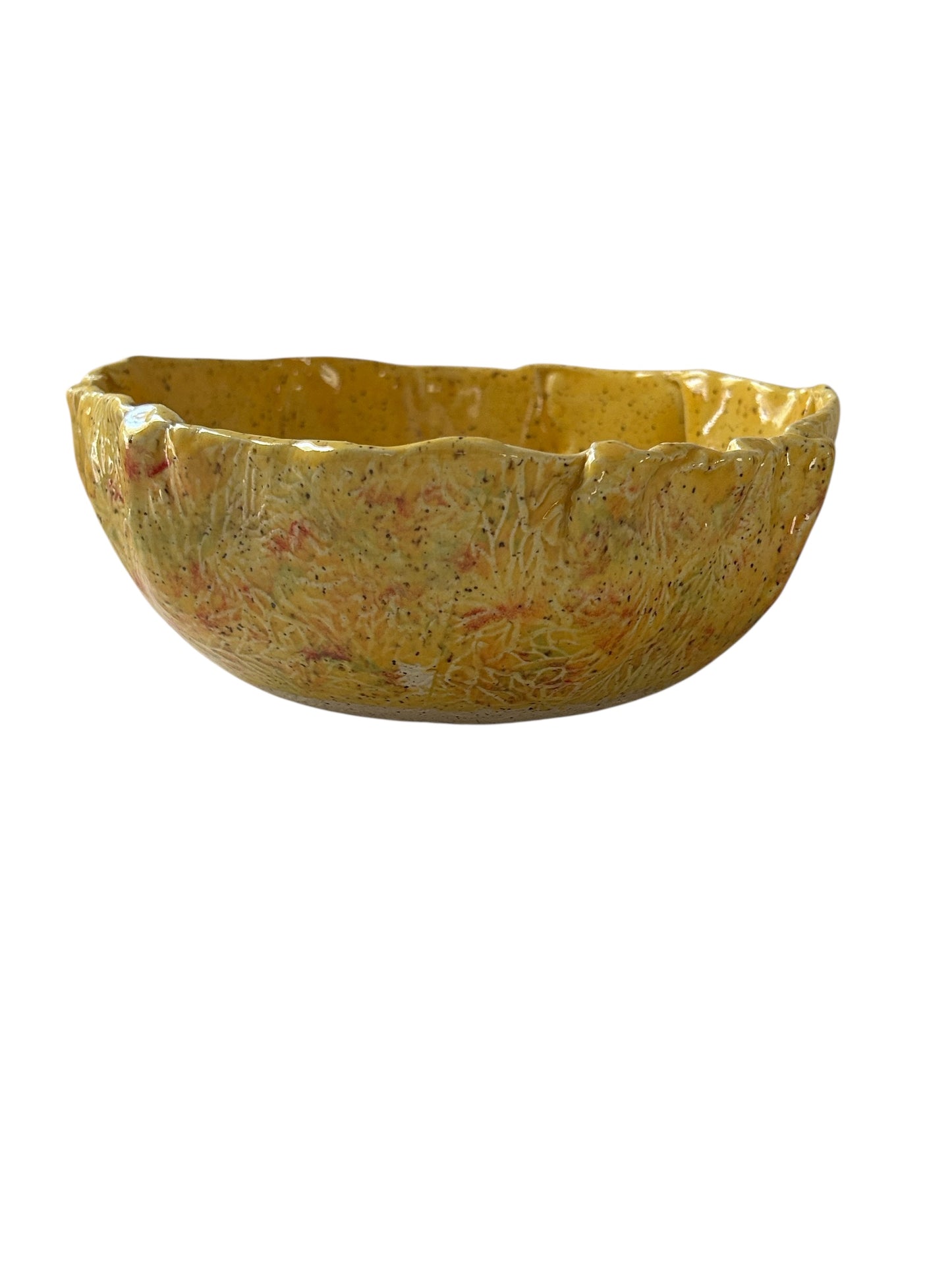 Medium Textured Leaf Bowl #33 with Freeform Rim in Golden Yellow on Speckled Clay