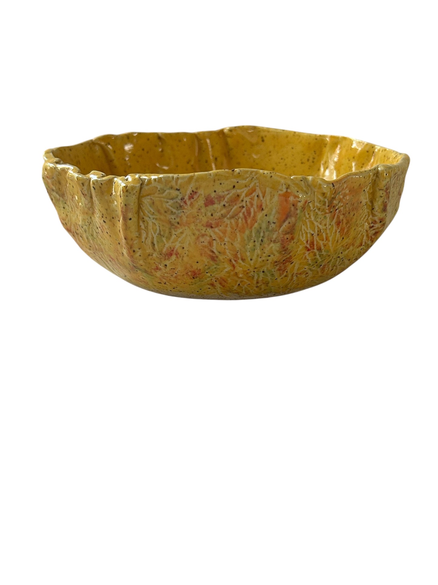Medium Textured Leaf Bowl #33 with Freeform Rim in Golden Yellow on Speckled Clay