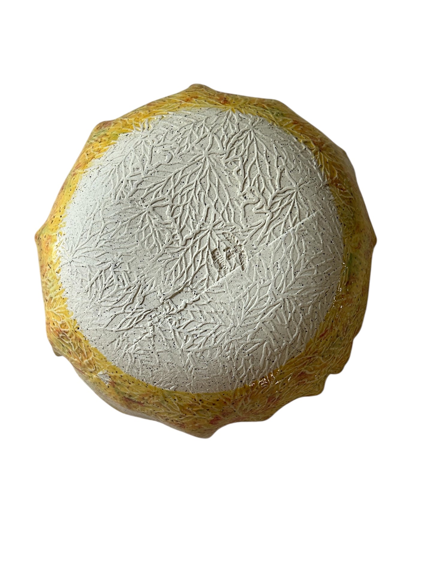 Medium Textured Leaf Bowl #33 with Freeform Rim in Golden Yellow on Speckled Clay