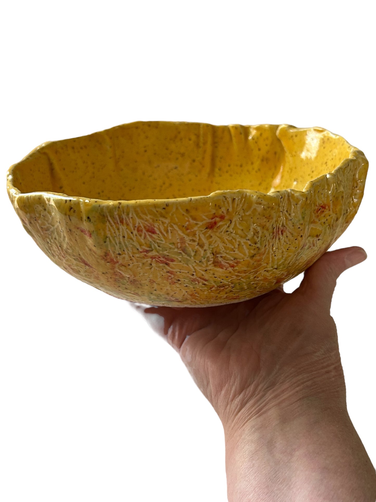 Medium Textured Leaf Bowl #33 with Freeform Rim in Golden Yellow on Speckled Clay