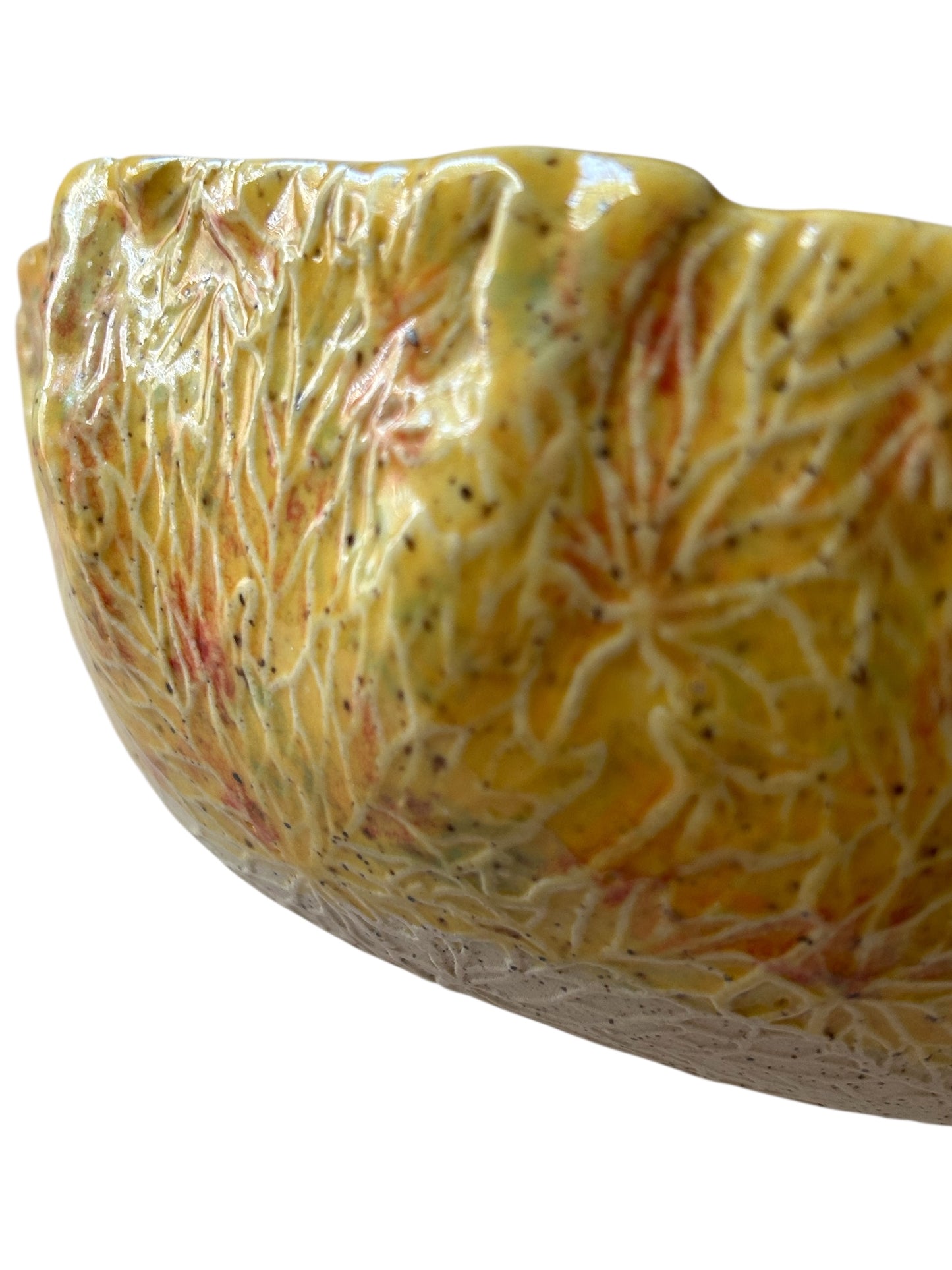 Medium Textured Leaf Bowl #33 with Freeform Rim in Golden Yellow on Speckled Clay