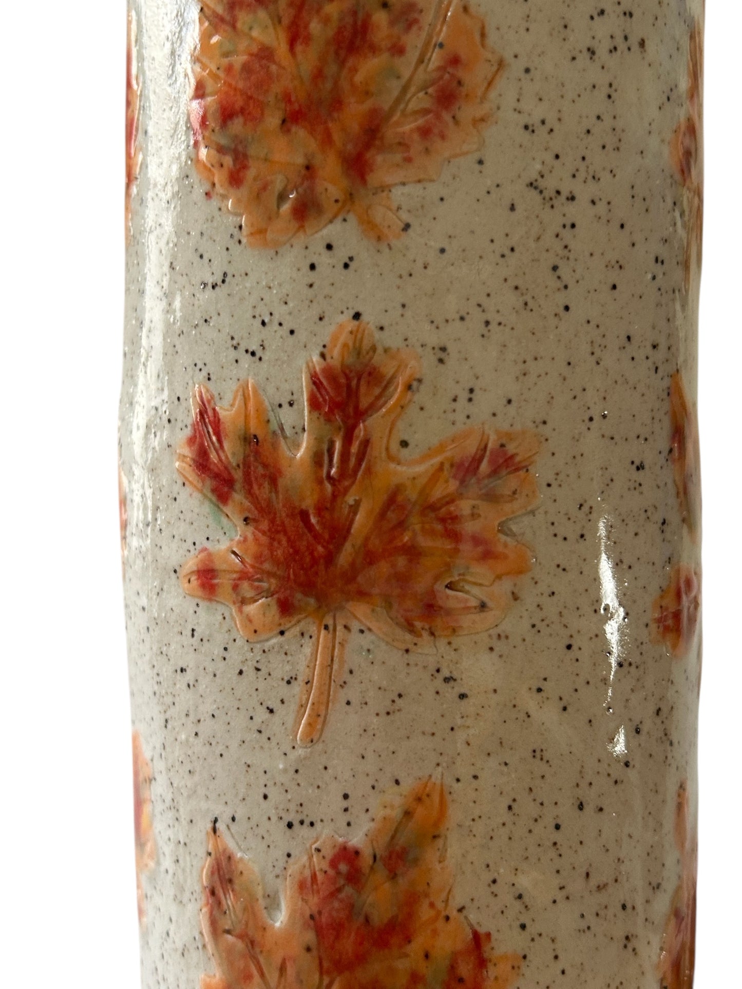 Tall Cylinder Vase #22 with Multicolored Fall Leaves on Speckled Clay