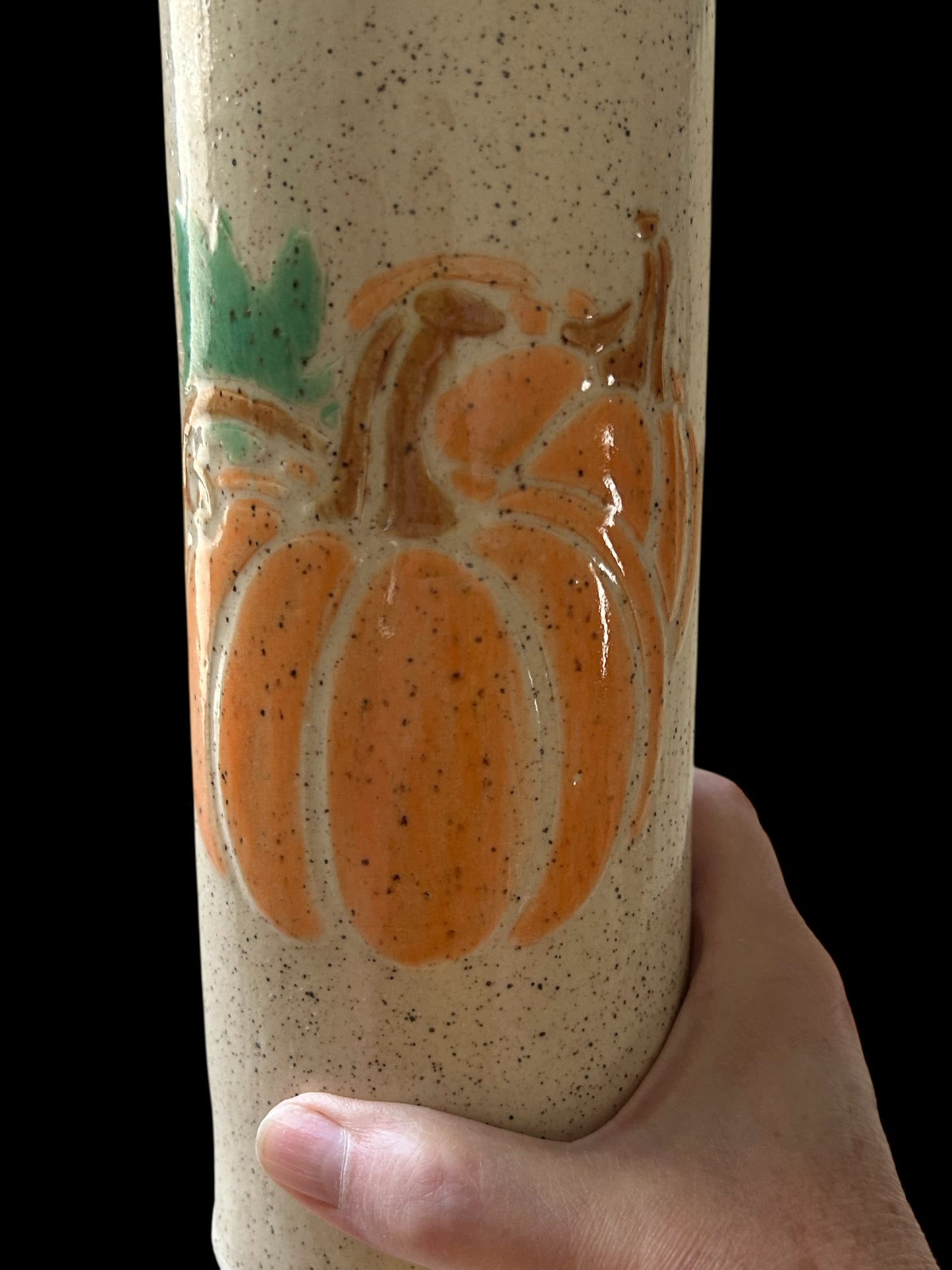 Tall Cylinder Vase with Stenciled Pumpkins on Speckled Clay