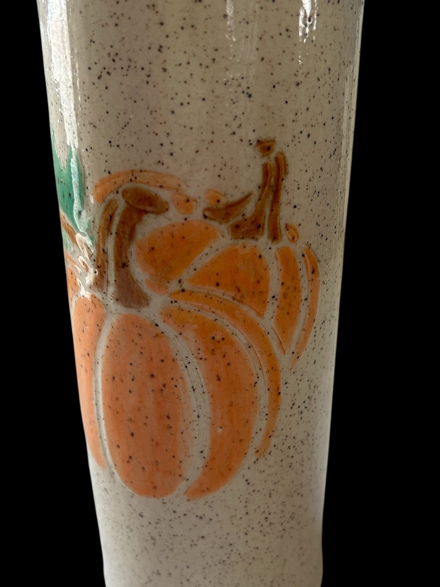 Tall Cylinder Vase with Stenciled Pumpkins on Speckled Clay